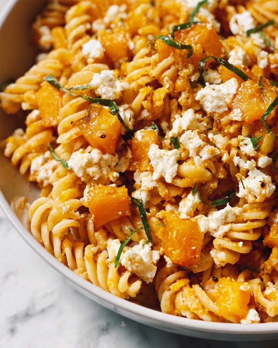 The image shows a close-up of a dish with three main layers: a base of spiral pasta with a light orange sauce, chunks of orange squash mixed evenly, and small pieces of white soft cheese scattered on top. Thin green herb strips are sprinkled over the whole dish, adding a fresh color contrast. The food is inside a white bowl, all set on a white marbled surface. The textures include the curly firmness of the pasta, the slightly soft squash, and the crumbly cheese. Photo taken with an iphone --ar 4:5 --v 7