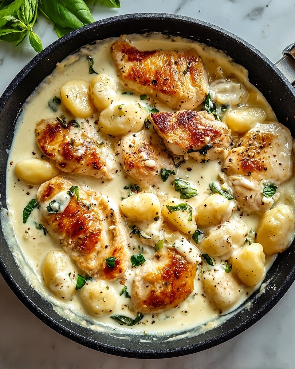 The dish shows a white bowl filled with golden-yellow gnocchi and small chunks of light brown chicken mixed together in a creamy light orange sauce. The sauce looks smooth and coats the gnocchi and chicken well, with small green spinach leaves mixed in. There is a sprinkle of white grated cheese on top and a couple of fresh bright green basil leaves on the side. A silver fork is stuck into the food on the left side of the bowl. The bowl sits on a white marbled surface. photo taken with an iphone --ar 4:5 --v 7