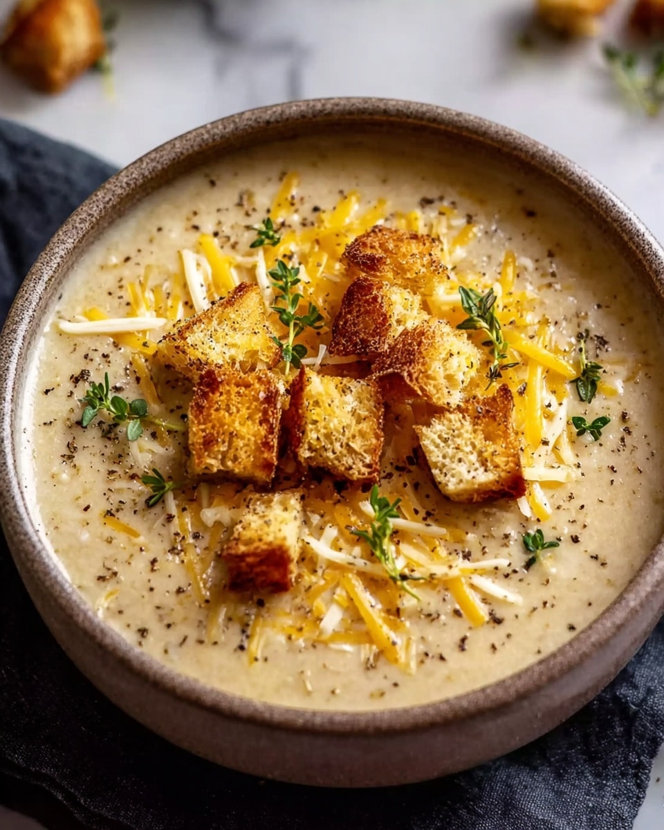 A bowl of thick cream soup with a light beige color fills most of the bowl, topped with golden-brown toasted bread pieces scattered on the surface. Bright yellow grated cheese is sprinkled over the bread, melting slightly into the soup. Small sprigs of fresh green herbs are spread on top, adding a touch of color. The soup is served in a white bowl placed on a white marbled surface, with crusty bread pieces nearby. Photo taken with an iphone --ar 4:5 --v 7