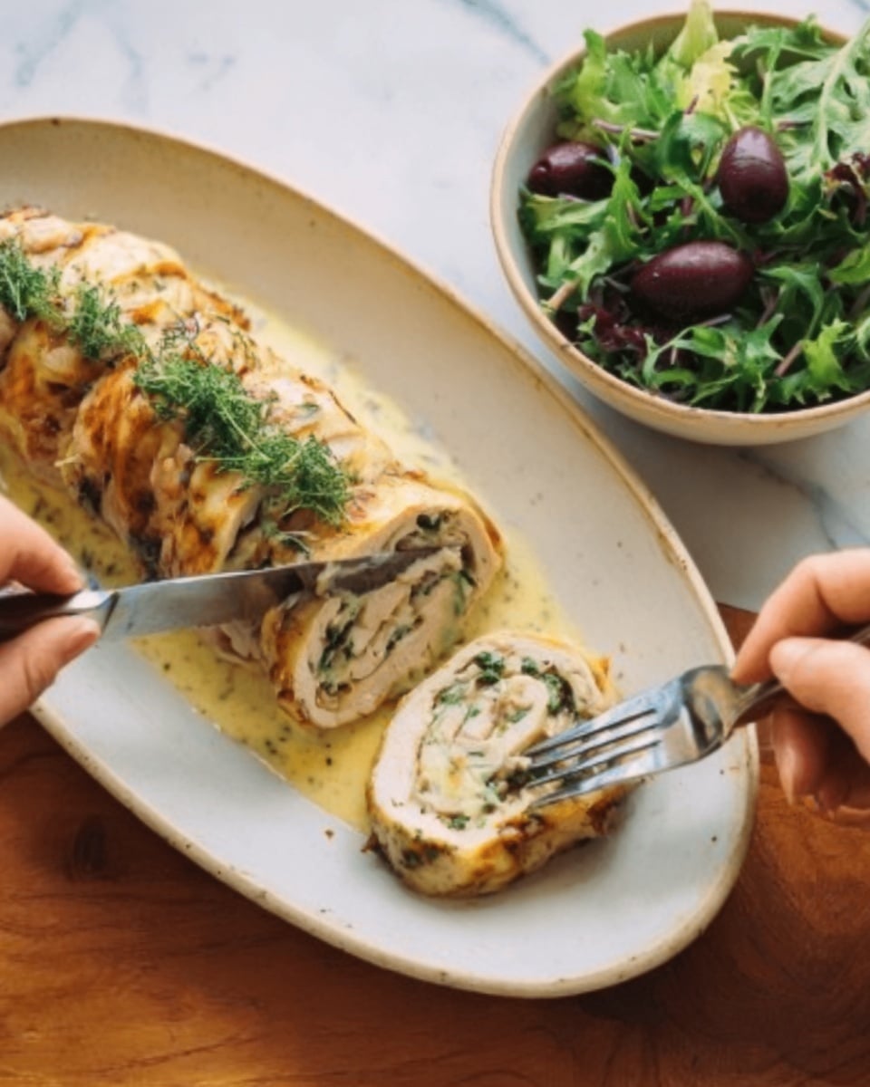 A long, rolled crepe is placed in a white, oval dish on a wooden tray, topped with a thick layer of melted golden cheese that spreads over the sides, with small patches of light browning on top showing it was baked. Fresh green herbs are sprinkled evenly across the melted cheese layer, adding a touch of color and freshness to the dish. A bowl of mixed green salad is shown beside the tray, with leafy greens visible. The background surface has a white marbled texture. photo taken with an iphone --ar 4:5 --v 7