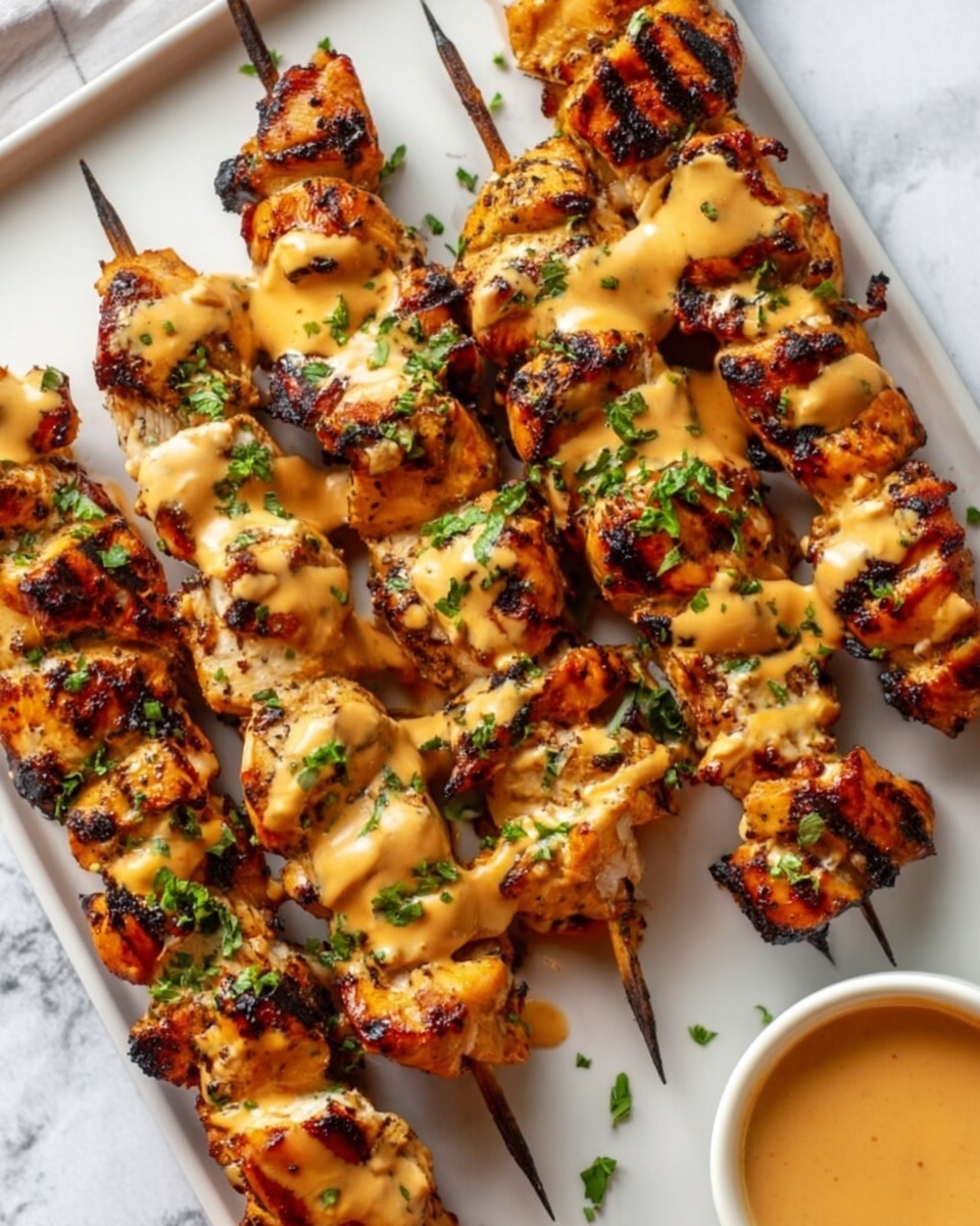 The image shows three skewers of grilled chicken pieces on a white baking tray. The chicken is golden with charred spots and covered with a creamy orange sauce. Green herb bits are sprinkled on top. Next to the tray, a small bowl of the same sauce has a spoon inside. In the lower left corner, a round white bowl holds more chicken pieces with sauce and herbs. The background is a white marbled surface with fresh green herbs scattered around. Photo taken with an iphone --ar 4:5 --v 7