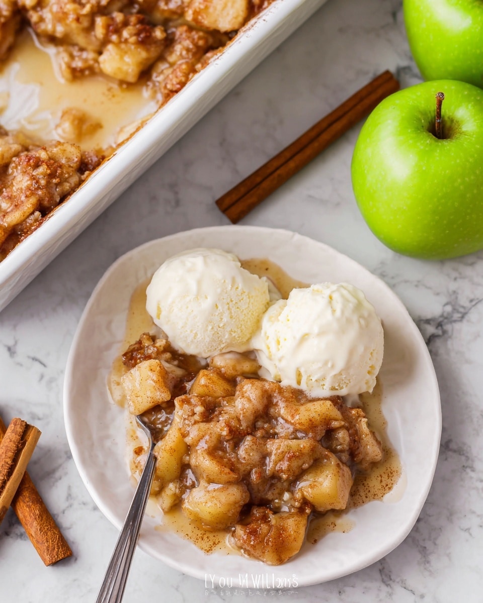 A small white plate holds a serving of apple dessert with a thick mix of soft apple pieces covered in cinnamon and small bits, topped with a light glaze. Next to it are two round scoops of creamy vanilla ice cream melting gently, creating a smooth contrast. A silver fork rests on the plate’s edge. In the top left corner, part of a white baking dish shows more of the same apple dessert. On the right side of the plate is a bright green apple, and a cinnamon stick is placed on the white marbled surface nearby. photo taken with an iphone --ar 4:5 --v 7