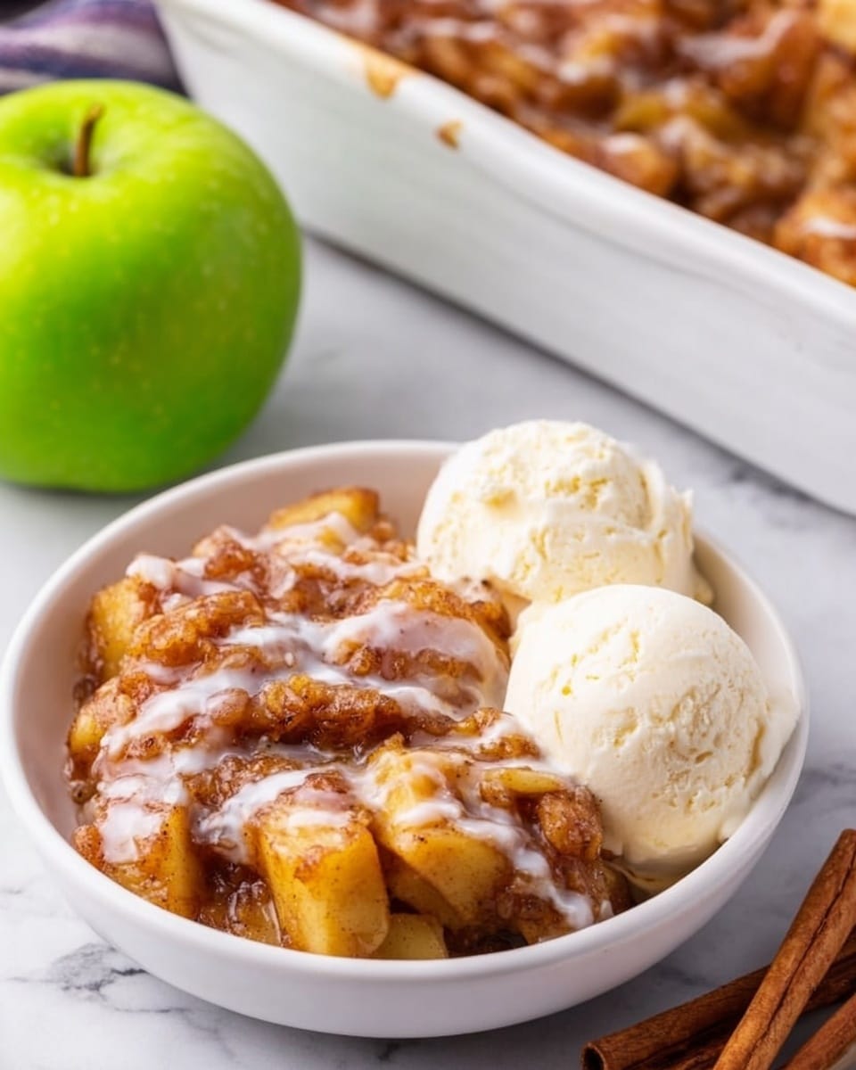 A white bowl filled with a warm apple dessert made of several layers of cooked apple chunks covered in a thick cinnamon sauce, with a drizzle of white icing on top. Two scoops of vanilla ice cream sit on the right side of the bowl, slightly melting. The bowl is placed on a white marbled surface, next to a green apple and a cinnamon stick on the right side. In the background, a white baking dish filled with the same apple dessert is partly visible. photo taken with an iphone --ar 4:5 --v 7
