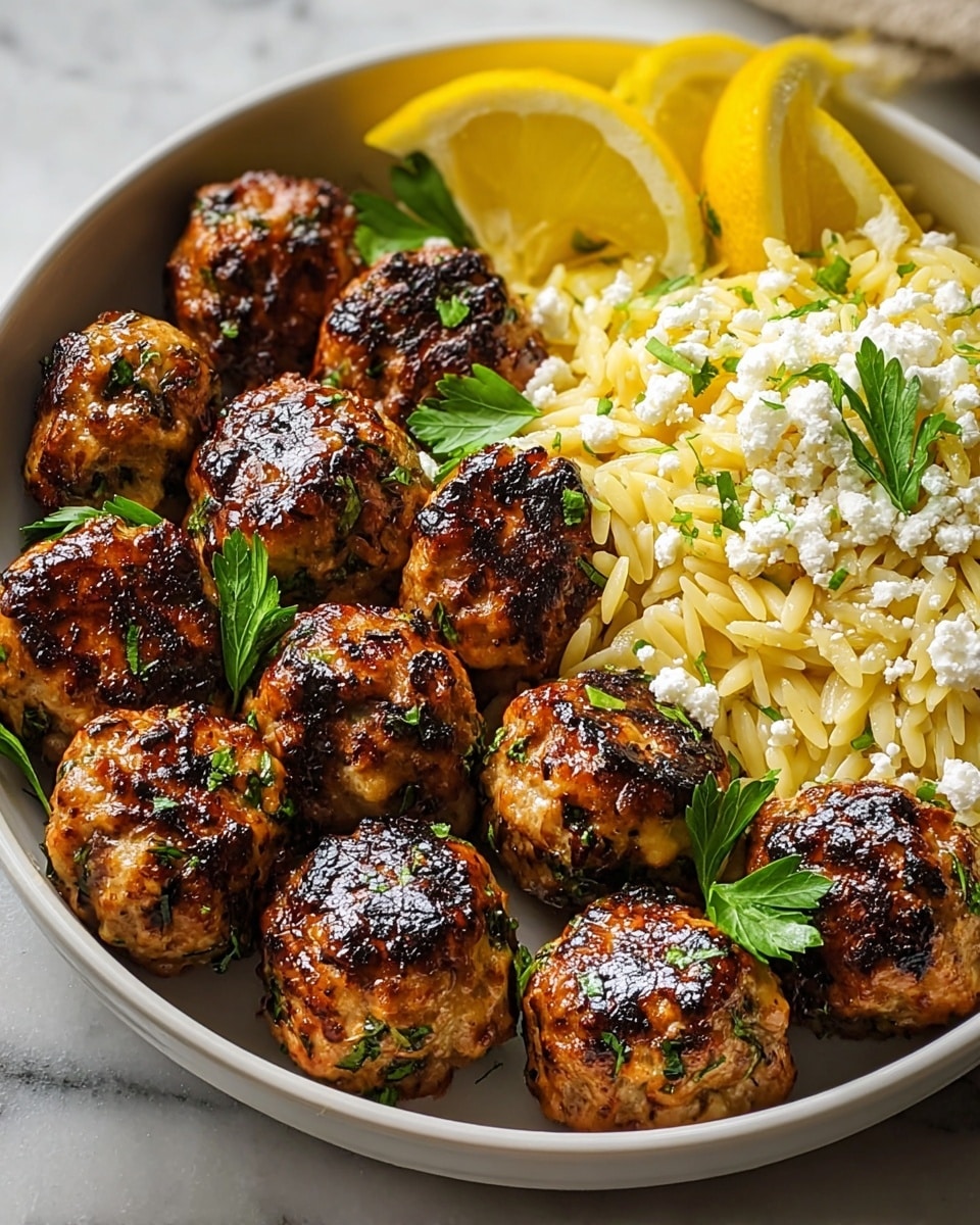 A round white plate with two main sections: on the left side, a layer of pale yellow orzo pasta topped with small white crumbles of cheese and thin strips of lemon zest, accompanied by three lemon wedges on the edge; on the right side, a layer of golden brown grilled meatballs that have a slightly shiny and textured surface with small green herb pieces scattered on top. The plate is set on a white marbled surface. photo taken with an iphone --ar 4:5 --v 7