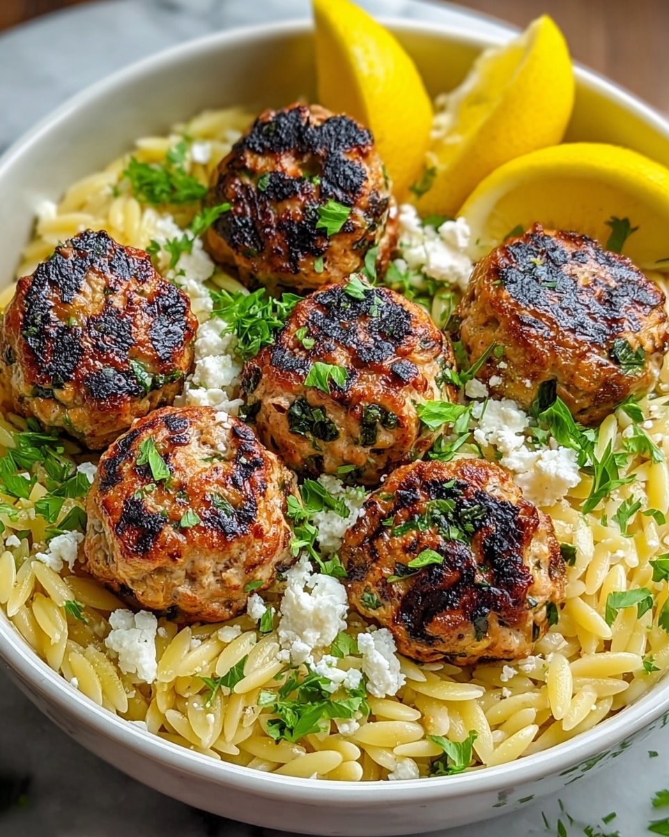 A round white bowl filled with three layers of food, placed on a white marbled surface. The bottom layer consists of small light golden pasta shaped like rice grains spread evenly across the bowl. The middle layer has several browned meatballs with a slightly crispy texture and green herb pieces inside, arranged close together on one side of the bowl. On the other side, there are small white cheese crumbles scattered on the pasta. Three bright yellow lemon wedges rest on the edge of the bowl near the cheese. Fresh green herbs are sprinkled softly over the meatballs and pasta, adding a fresh touch. The lighting is natural, showing shiny and moist textures on the meatballs and pasta. photo taken with an iphone --ar 4:5 --v 7