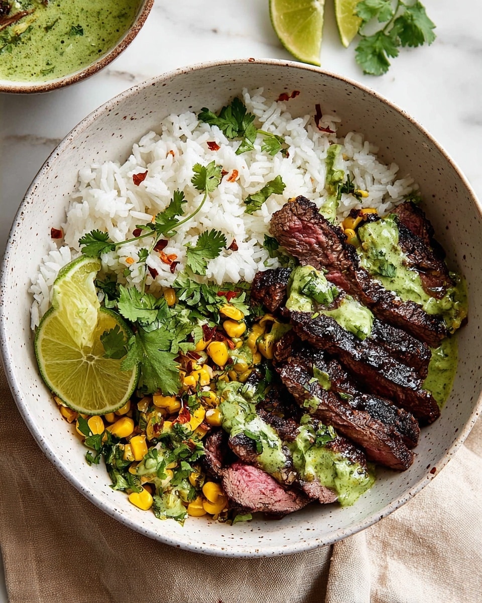 A white bowl holds two main layers: on the left, fluffy white rice with small green herb leaves scattered on top; on the right, medium-cooked sliced steak with a dark charred outside and pink inside, drizzled with green sauce and sprinkled with bits of yellow corn and chopped green herbs. Two lime halves sit on top of the steak near the center and front right of the bowl. The bowl sits on a white marbled surface with part of another bowl visible in the background. photo taken with an iphone --ar 4:5 --v 7