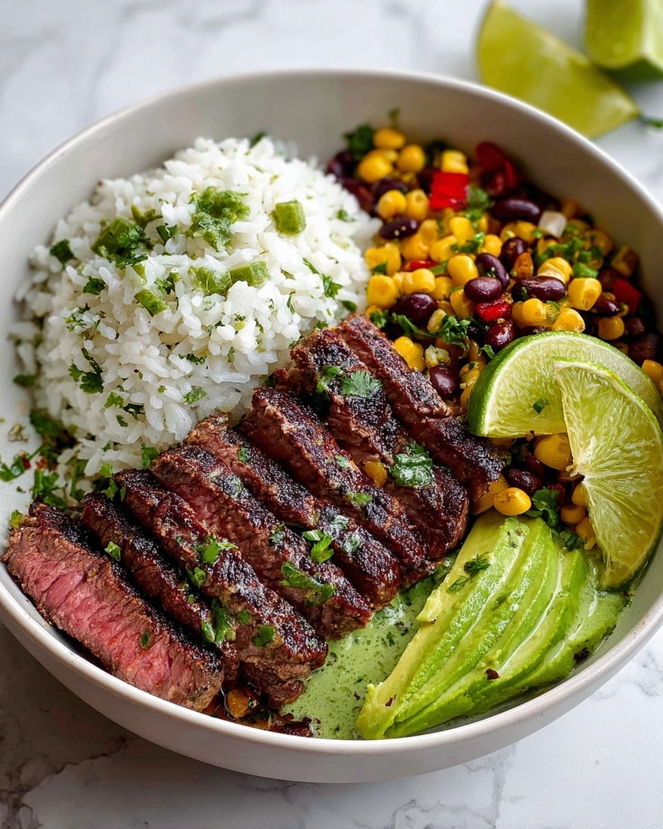 A white speckled bowl holds a colorful meal with four main layers. The bottom layer is white rice sprinkled with green herbs. On top of the rice, to the left, there are several slices of medium-cooked steak, showing a pink center and a browned outside with green herbs on top. To the right of the steak, there is a mix of cooked yellow corn kernels, small green pieces, and bits of red pepper, all sprinkled with herbs. Above this mix, there are green slices of avocado, and two lime wedges sit next to them. The bowl sits on a white marbled surface with some green sauce in a white bowl nearby. Photo taken with an iphone --ar 4:5 --v 7