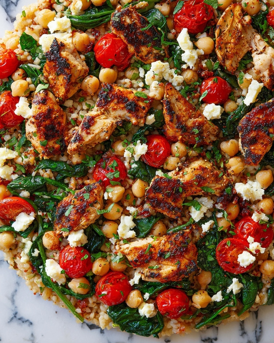 The image shows a colorful dish with several layers mixed together. The base layer is white rice with a soft texture, mixed with chickpeas that are round and light beige. Scattered on top are green spinach leaves, slightly wilted, adding a fresh touch. Bright red cherry tomatoes, both whole and sliced in half, are spread throughout, adding juicy, shiny pops of color. The dish is topped with grilled pieces of chicken, golden brown with a slightly crispy and speckled surface from seasoning. Small white cubes of cheese are sprinkled around, along with tiny green herb leaves and some red chili flakes for extra color and texture. The dish is placed on a white marbled surface. Photo taken with an iphone --ar 4:5 --v 7