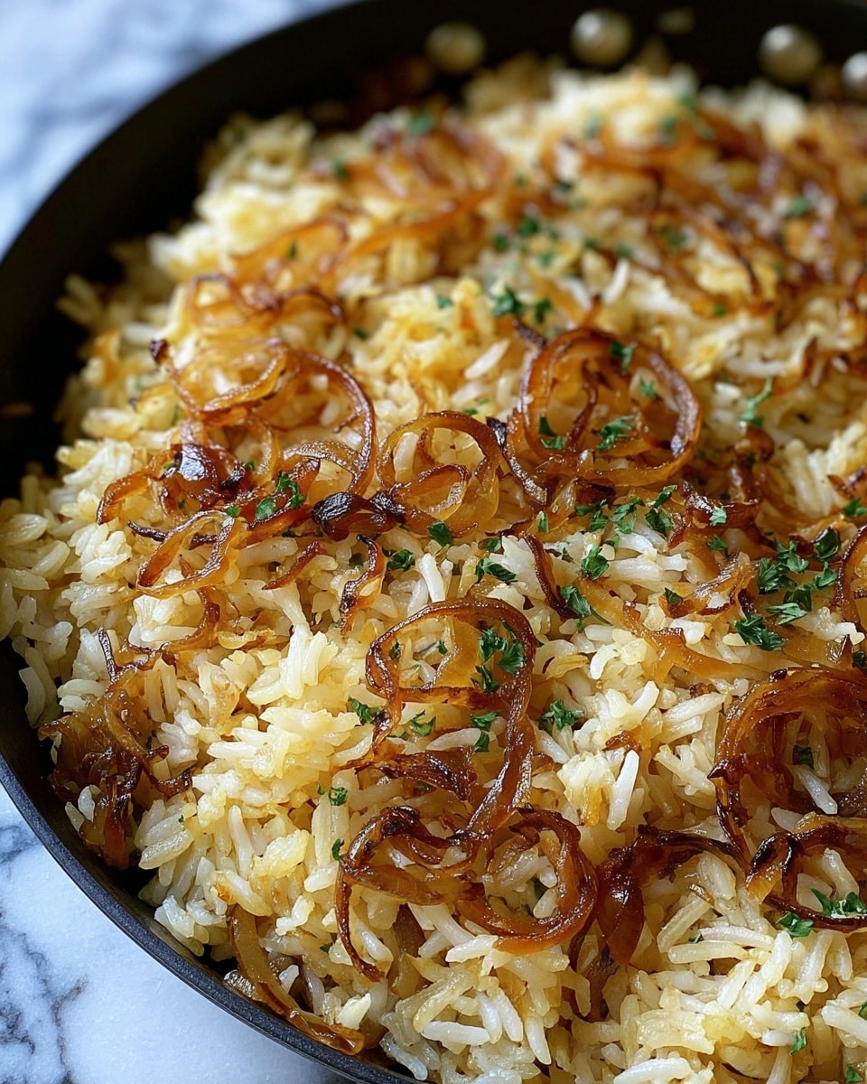 The image shows a close-up view of cooked rice mixed with caramelized onion slices. The rice is light yellow and fluffy, with the golden-brown onion rings scattered evenly on top and throughout. Small bits of green herbs are sprinkled over the rice, adding a touch of fresh color. The rice and onions fill a round black pan, with some parts of the rice slightly toasted. The background is a white marbled surface, blurred to keep the focus on the food. photo taken with an iphone --ar 4:5 --v 7