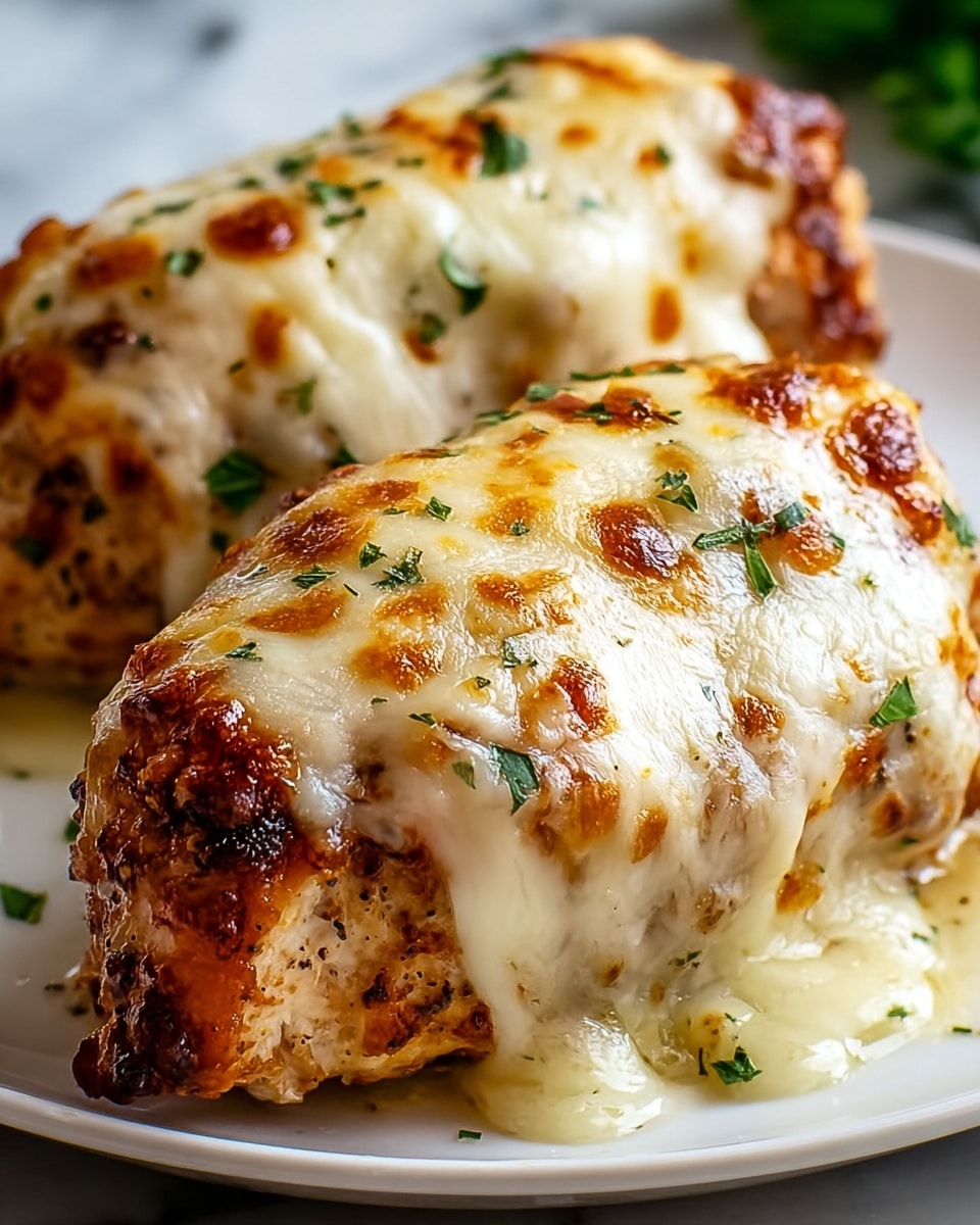 Two pieces of cooked chicken covered with melted white cheese that has light brown spots from baking. The cheese layer sits on top and stretches slightly on the sides, showing the seasoned brown chicken underneath. There are small green herb pieces sprinkled on the cheese, adding contrast. The chicken pieces rest closely on a white plate, sitting on a white marbled surface. photo taken with an iphone --ar 4:5 --v 7