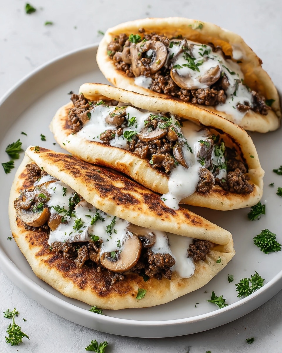 Three golden brown pita pockets are placed on a round white plate on a white marbled surface. Each pita is filled with dark brown cooked ground meat mixed with sliced mushrooms on top. A light white creamy sauce is drizzled over the meat and mushrooms, with small green parsley pieces sprinkled on and around the pitas. The pitas have a soft, slightly crispy texture, and the filling appears juicy and flavorful. Photo taken with an iphone --ar 4:5 --v 7