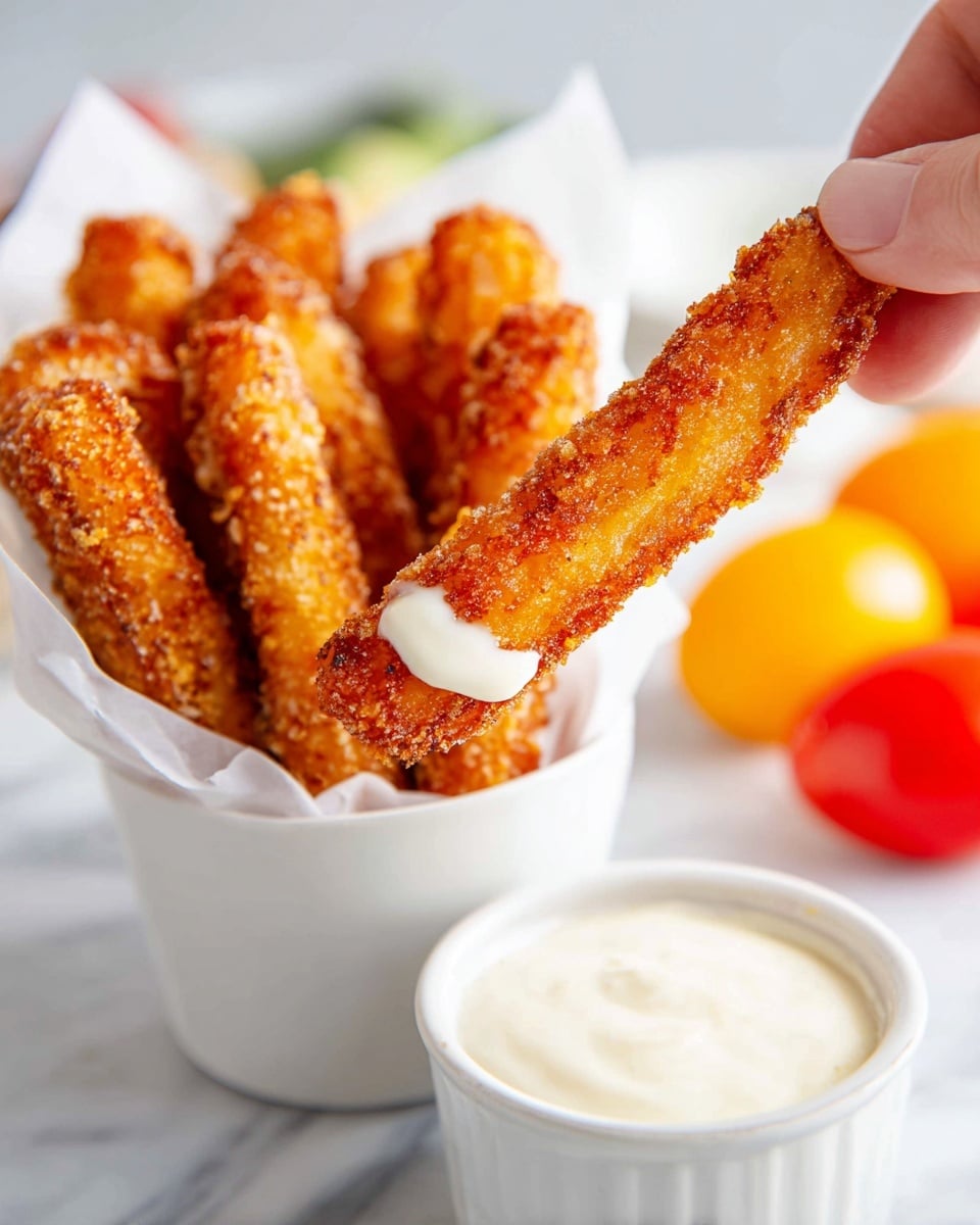 A close-up image shows a woman's hand holding a golden-brown fried item dipped in white creamy sauce. In the background, there is a white container lined with white paper, filled with more of the fried pieces. To the right, there is a small white cup filled with the same white sauce. The setting has a white marbled surface and blurred colorful round fruits placed further back. Photo taken with an iphone --ar 4:5 --v 7