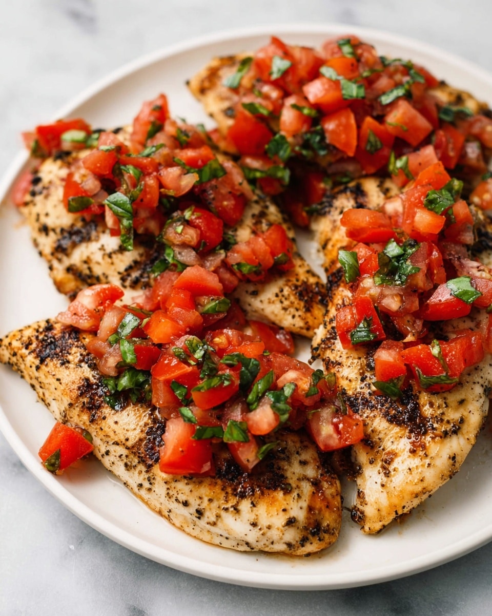 The image shows a white plate with four grilled chicken pieces arranged close together, each piece lightly charred with a golden-brown color and visible grill marks. On top of each chicken piece, there is a layer of bright red diced tomatoes mixed with small green basil leaves, giving a fresh, colorful contrast. Drizzled over the tomatoes and chicken is a dark, glossy balsamic glaze in thin lines and small drops, adding a shiny texture. The plate sits on a surface with a white marbled texture, and a striped cloth is partially visible to the side. photo taken with an iphone --ar 4:5 --v 7