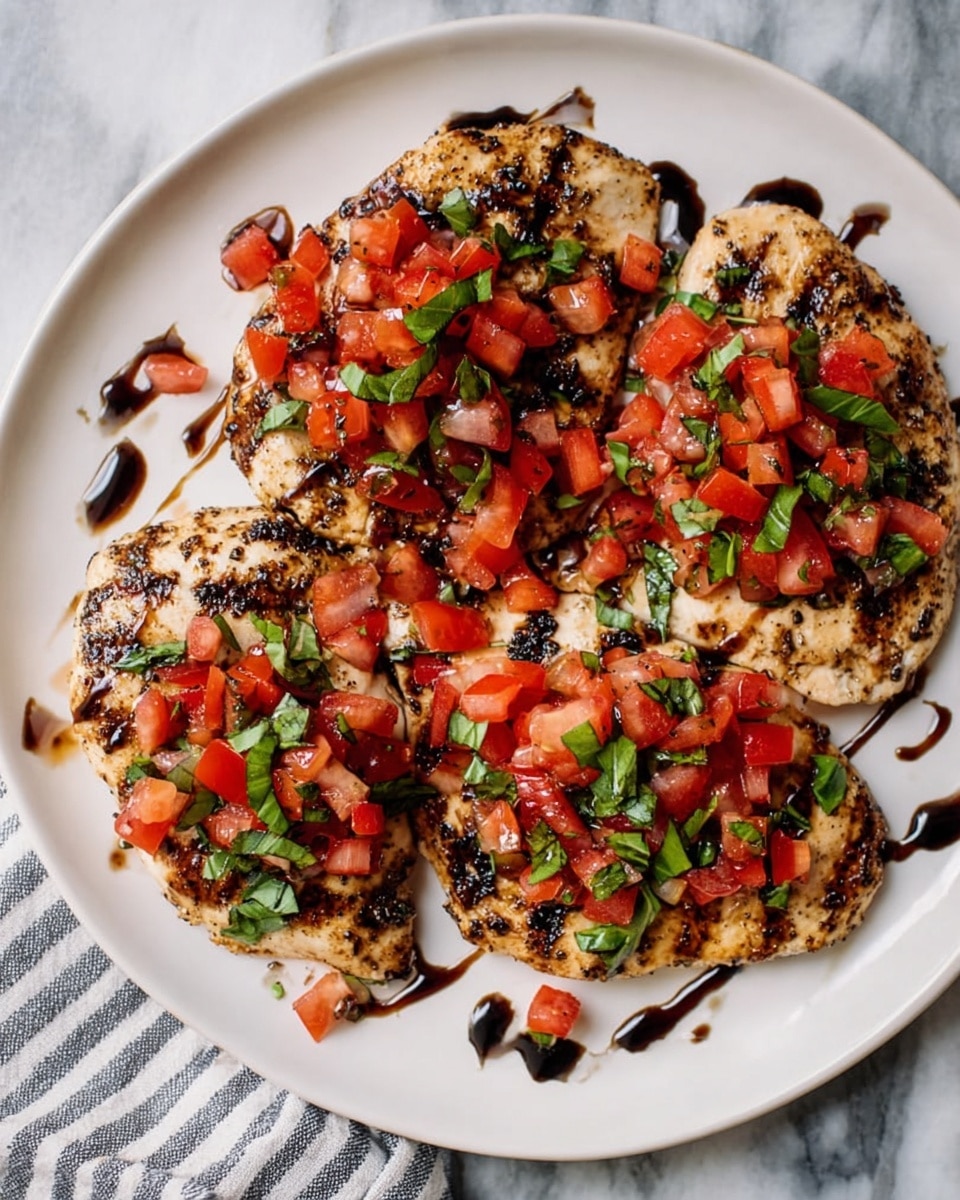 The image shows several grilled chicken fillets placed closely on a white plate over a white marbled surface. Each fillet has a golden brown color with a slightly charred texture on the edges and small black pepper specks throughout. On top of each fillet is a generous layer of diced red tomatoes mixed with finely chopped green basil leaves, adding a fresh and vibrant contrast. The tomatoes appear juicy and slightly glossy, while the basil adds a touch of green color. The overall composition highlights a simple, fresh, and colorful dish. Photo taken with an iphone --ar 4:5 --v 7