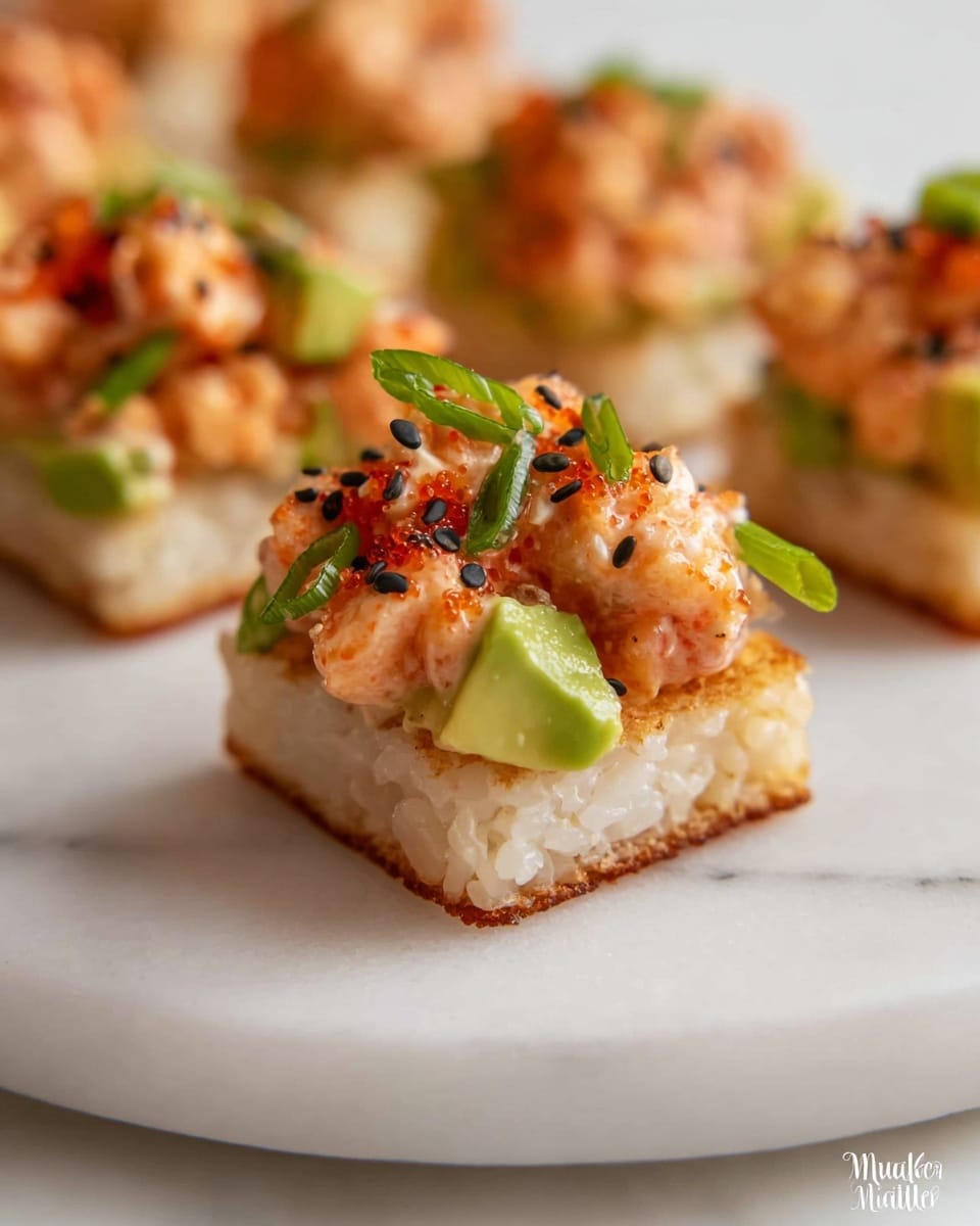 The image shows small, square-shaped appetizers on a white plate with a white marbled surface underneath. Each piece has three layers: the bottom is a lightly browned, crispy rice base; the middle layer consists of small, bright green avocado cubes; the top layer is a creamy, orange-colored mixture with small chunks, likely spicy seafood or fish salad, garnished with black sesame seeds and chopped green onions. The appetizer pieces are close together, with the focus on the front one, showing texture and colors clearly. Photo taken with an iphone --ar 4:5 --v 7