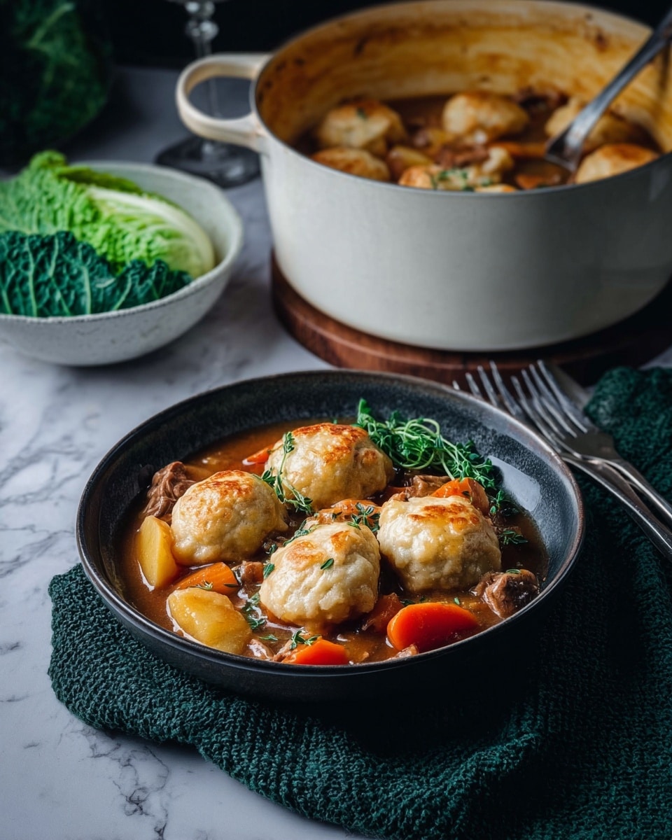 A close-up of a white bowl filled with a hearty stew featuring light brown meatballs layered on top of a bright orange sauce with visible chunks of carrots and celery. Behind the meatballs, there are large, textured dark green leafy vegetables filling the rest of the bowl. A woman's hands with red nail polish hold the bowl from each side, wearing a dark blue sweater. The bowl is placed on a white marbled surface with a gray napkin and silver fork nearby. Photo taken with an iphone --ar 4:5 --v 7