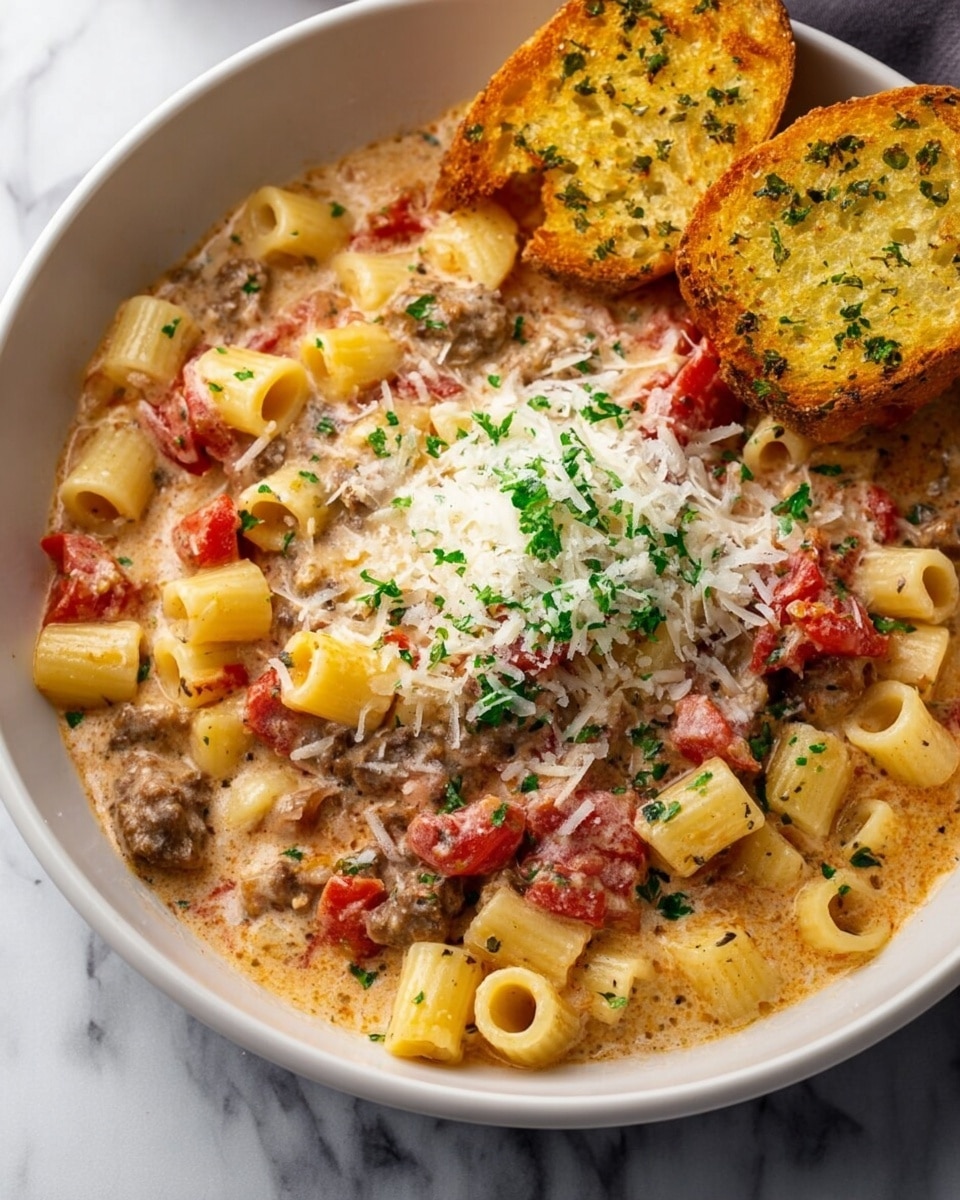 The image shows a white bowl filled with a creamy pasta stew placed on a white marbled surface. The dish has three main layers: the bottom layer is a thick creamy sauce with chunks of browned meat and large, soft tomato pieces scattered throughout; the middle layer is short tubular pasta mixed evenly with the sauce, meat, and tomatoes, showing a light yellow color; the top layer has a pile of grated white cheese and small, fresh green herb pieces sprinkled over half of the dish. To the side, there are two pieces of golden toasted bread with visible herbs. Photo taken with an iphone --ar 4:5 --v 7