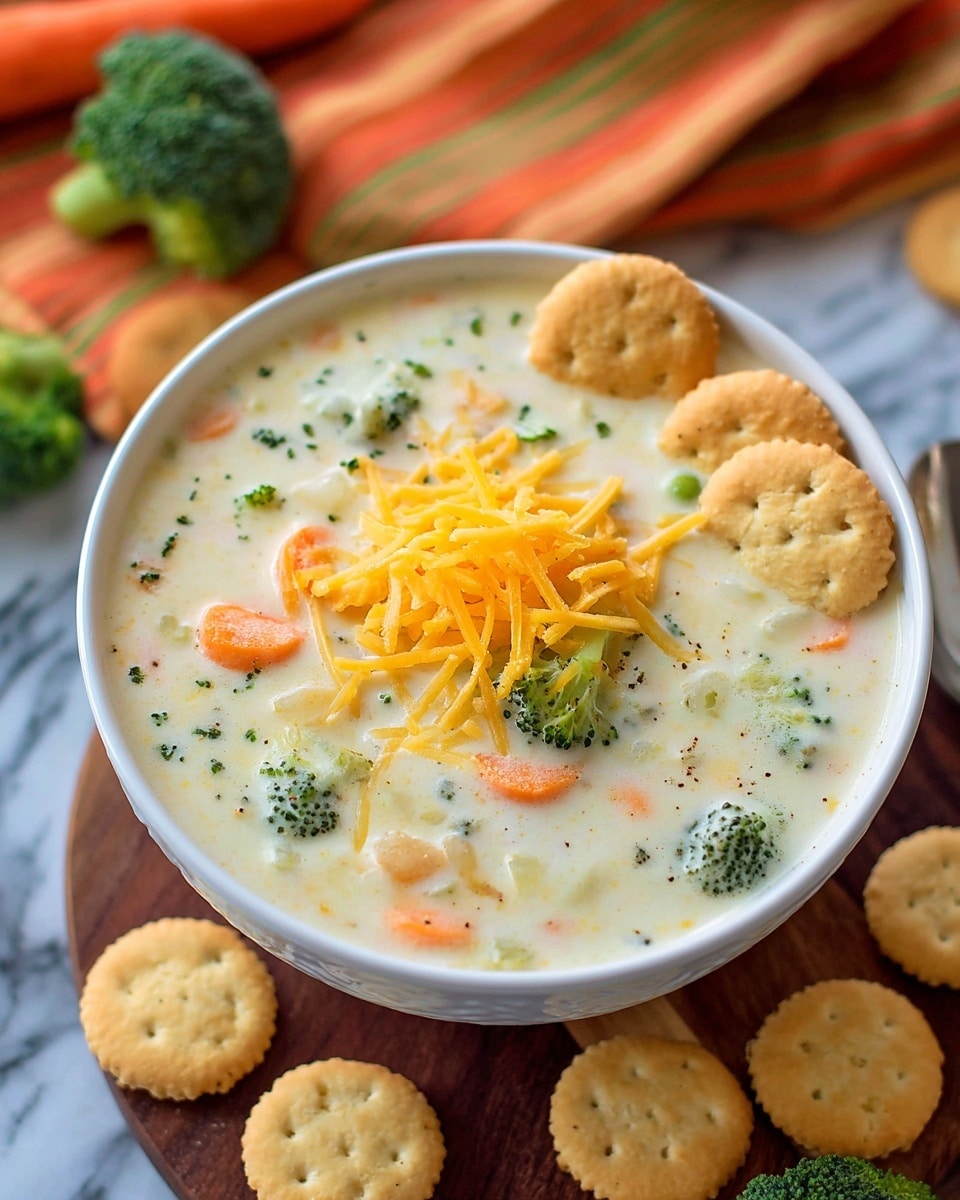 A close-up view of a white bowl filled with creamy vegetable soup sits on a wooden surface. The soup has three visible layers: at the bottom is a thick white creamy broth with small bits of green herbs, in the middle are bright orange carrot slices and green broccoli pieces, and on top is a small pile of shredded yellow cheese surrounded by several round, golden-brown mini crackers. Around the bowl, extra mini crackers, small broccoli florets, and a carrot are scattered. In the background, a folded orange and green striped cloth can be seen. The surface beneath is a white marbled texture. Photo taken with an iphone --ar 4:5 --v 7