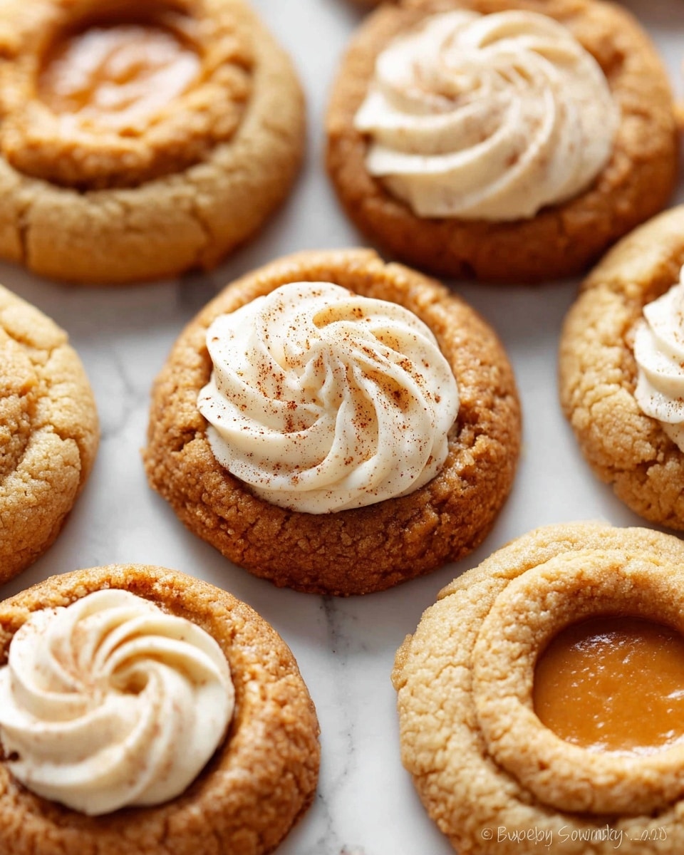The image shows several round cookies arranged close together on a white marbled surface. Each cookie has two clear layers: the outer layer is a light golden-brown, crumbly cookie base with visible sugar grains, and the inner circle is filled with smooth, deep orange pumpkin filling that is slightly glossy with a few soft texture marks. The pumpkin filling is recessed into the cookie base, sitting level with the top edges. The cookies are uniform in size and shape, creating a neat pattern. Photo taken with an iphone --ar 4:5 --v 7