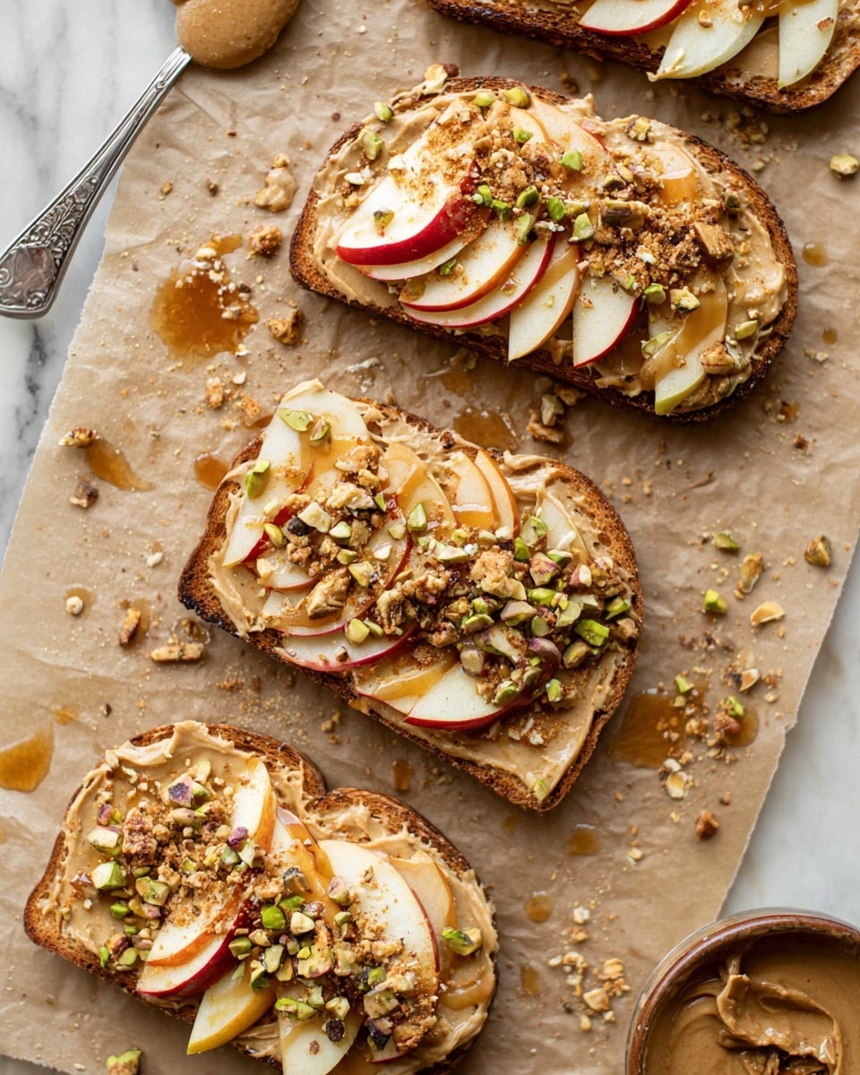 A close-up of a round toasted slice of bread on a white marbled surface, covered in a creamy, light brown nut butter layer. On top, thinly sliced red apple pieces with white flesh are arranged in a slight overlapping pattern. Around and on the apple, small chunks of mixed nuts including green pistachios and brown pecans are scattered. Light golden honey is drizzled over the whole toast, glistening in the light. Next to the toast, there is a golden spoon with more nut butter on it, placed on the same surface. A small part of another toast with similar toppings is partially visible at the edges. Photo taken with an iphone --ar 4:5 --v 7