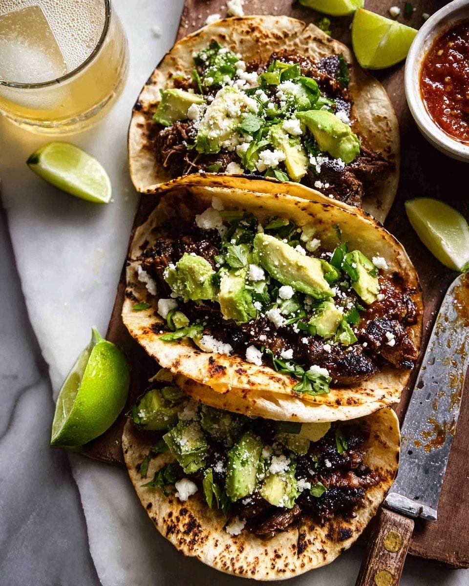 Three soft tortillas with light brown char marks lie on a white marbled surface. Each tortilla is folded and filled with a dark, grilled meat layer at the bottom. On top, there are chunks of bright green avocado pieces, light green chopped scallions, and a sprinkle of white crumbled cheese. Around the tacos, lime wedges and a rustic knife with a wooden handle sit nearby. To the right edge, part of a white bowl with red sauce is visible. A glass with a light yellow drink with condensation sits behind the tacos. Photo taken with an iphone --ar 4:5 --v 7