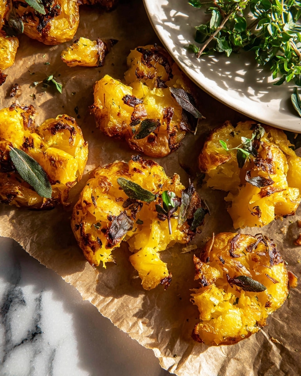 The image shows a close-up of a crispy smashed potato dish on a dark baking tray. The bottom layer consists of golden brown potatoes with rough, uneven crushed surfaces, some edges are darker, showing a crunchy texture. Scattered on top are small green sage leaves with a slightly dry look. There are sprigs of fresh thyme placed on the potatoes, adding small green details. The potatoes have small bits of coarse salt and black pepper sprinkled over them, giving a textured appearance. The surface under the tray is a white marbled texture. Photo taken with an iphone --ar 4:5 --v 7