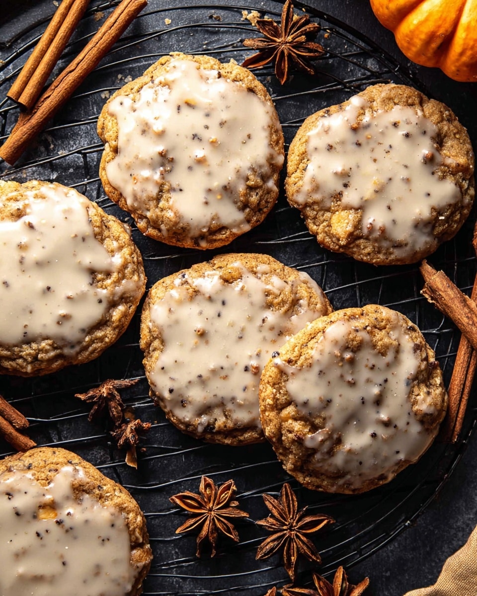 A close-up image shows a group of six round cookies arranged on a black metal cooling rack. Each cookie is topped with a light beige glaze that is unevenly spread, allowing the cookies' golden-brown textured surface to show through in some areas. The glaze has small specks, giving it a slightly rough texture. Around the cookies on the dark surface are whole cinnamon sticks and star anise pods, adding a warm brown and reddish tone contrast. The setting includes a small, orangeish miniature pumpkin near the top right corner, enhancing the autumn feel of the scene. Photo taken with an iphone --ar 4:5 --v 7