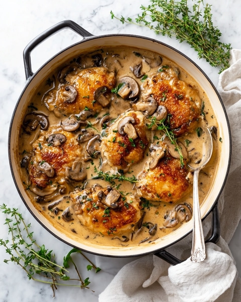 A white round plate is filled with two main layers: on the left, there is a golden brown cooked chicken piece covered with creamy light brown mushroom sauce that has small mushroom slices and herbs on top; on the right, there is a large serving of white mashed potatoes with a slightly rough texture, topped with the same light brown mushroom gravy and a few mushroom slices; beside the chicken, light green fresh herbs add a touch of color on a white marbled surface background. Photo taken with an iphone --ar 4:5 --v 7