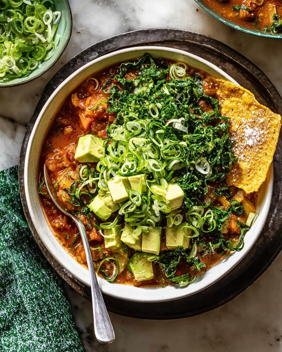 The dish is served in a white bowl filled with three main layers. At the bottom is a rich, creamy, reddish-brown stew with visible chunks of vegetables. On top of this, there are light yellow cubes of avocado scattered throughout. The top layer is a generous amount of finely chopped vibrant green herbs and bright green sliced scallions spread evenly. A silver spoon rests inside the bowl on the left side. The bowl is placed on a dark tray over a white marbled surface, with a folded green and white cloth nearby. A piece of golden-brown tortilla chip with salt crystals sits near the bowl. Photo taken with an iphone --ar 4:5 --v 7