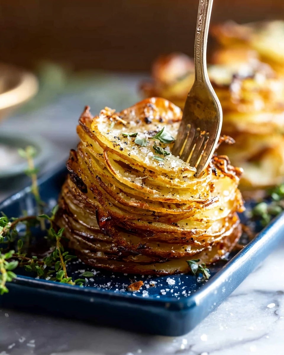 The image shows several stacks of thinly sliced cooked potatoes arranged closely on a dark tray. Each stack consists of many golden brown potato slices with slightly crispy, browned edges layered one on top of another, creating a circular layered shape about 6-7 slices high. The top slice on each stack is crisp with some light seasoning of coarse salt and black pepper, and small fresh green herb leaves are scattered on top and around, adding a fresh touch. The background surface visible at the edges is a white marbled texture. photo taken with an iphone --ar 4:5 --v 7