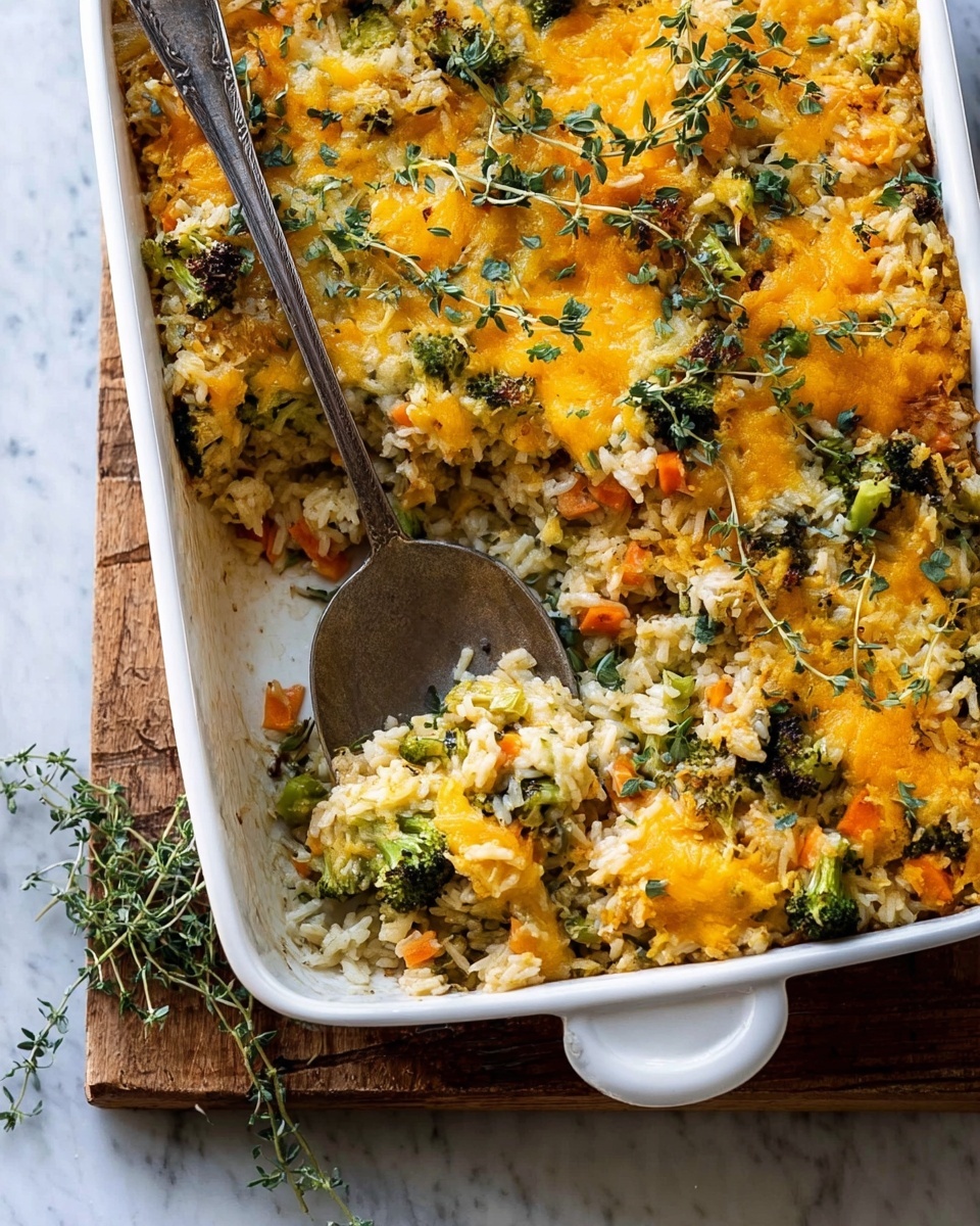 A rectangular white baking dish filled with a cheesy rice casserole that has two main layers: the bottom layer consists of cooked white rice mixed with small pieces of orange carrot and green broccoli florets, while the top layer is covered with melted golden yellow cheese, scattered with fresh green herb leaves. A spoon rests inside the dish, scooping out some of the casserole, revealing the rice and broccoli mixture beneath the cheese. The dish is placed on a wooden board, with small green herbs around it, all set on a white marbled surface. photo taken with an iphone --ar 4:5 --v 7