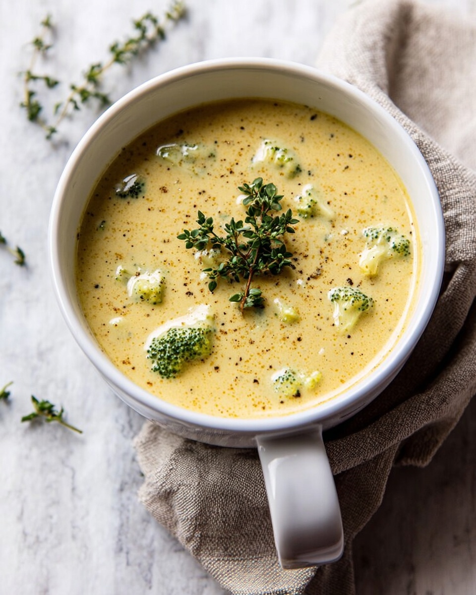 A white bowl filled with creamy yellow soup that has small green broccoli pieces and visible specks of black pepper, topped with fresh green herb sprigs in the center. The bowl is placed on a white marbled surface with a beige cloth loosely wrapped partly around the bowl's handle and lying next to it. Some scattered green herb leaves are also visible on the white marbled surface around the bowl. photo taken with an iphone --ar 4:5 --v 7