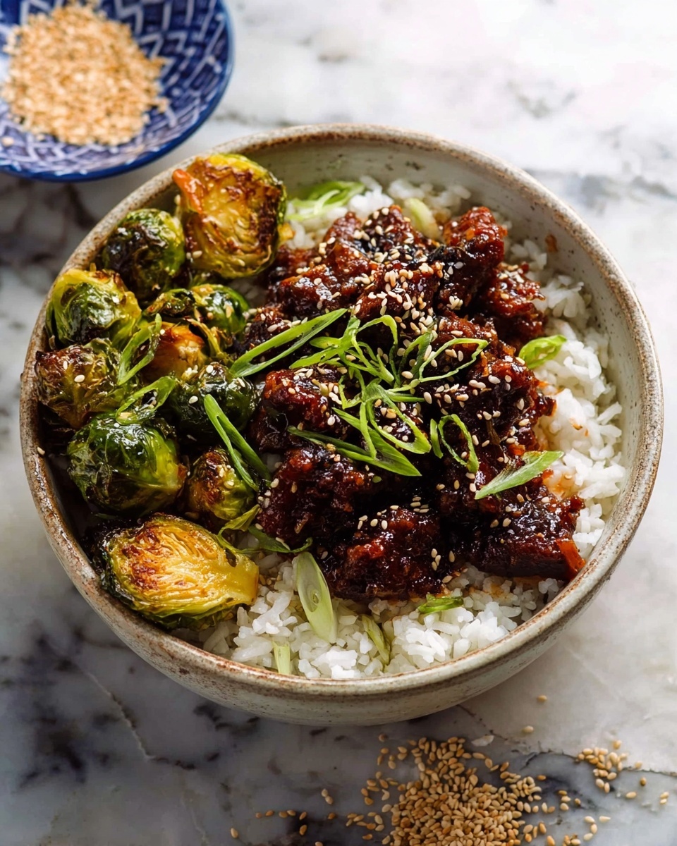 A white bowl filled with three layers: the bottom layer is plain white rice, the middle layer has dark brown glazed meat pieces topped with scattered white sesame seeds and green thin sliced scallions, and the left side shows roasted Brussels sprouts with browned, crispy edges; the bowl sits on a white marbled surface with a blue patterned small bowl of sesame seeds partially in view near the top edge, photo taken with an iphone --ar 4:5 --v 7