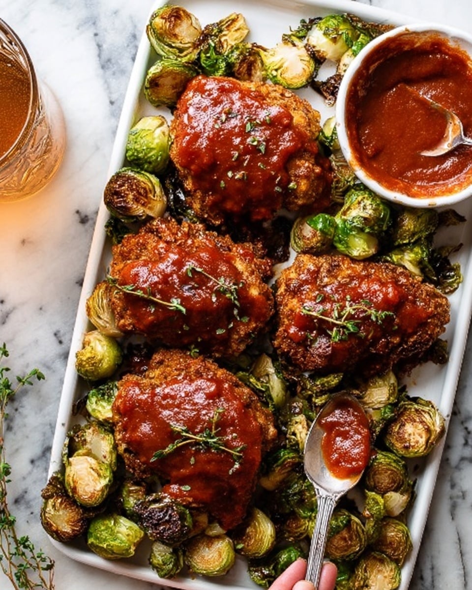 A round white plate holds a base layer of creamy, pale yellow grits spread evenly. On top, near the center-right, there is a large piece of reddish-brown glazed meat with a shiny, sticky texture, garnished with small green herb leaves. Surrounding the meat on the right and lower left side are roasted Brussels sprouts, varying from bright green to dark brown with some charred spots, adding a crisp texture. At the top left of the grits, a few roasted pearl onions with light brown and white skins are mixed with more Brussels sprouts. The dish is set on a white marbled surface. Photo taken with an iphone --ar 4:5 --v 7