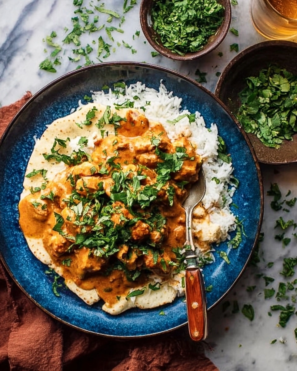 The image shows a blue bowl filled with a flatbread base topped with a layer of white rice. On top of the rice, there is a thick orange sauce with pieces of cooked chicken mixed in. The dish is garnished with chopped fresh green herbs scattered over the sauce. A silver spoon with a wooden handle rests inside the bowl on the right side. Next to the bowl, there is a dark brown small bowl full of fresh chopped green herbs, and a glass of light brown liquid is partially visible on the lower right corner. The whole scene is placed on a white marbled surface with some scattered herbs around. photo taken with an iphone --ar 4:5 --v 7