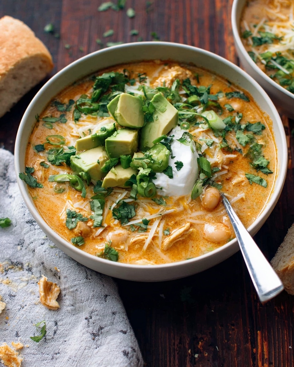 A white bowl is filled with creamy orange soup mixed with chunks of light beige chicken and beans. The soup is topped with bright green chopped cilantro and scallions, large cubes of fresh green avocado, and a dollop of white sour cream. A small pile of shredded pale yellow cheese sits near the center. A woman's hand wearing a soft white sweater holds a piece of light brown cornbread above the bowl, ready to dip. Another white bowl of the same soup and a torn piece of bread sit in the background on a dark wood table, now changed to a white marbled texture. A metal spoon rests inside the front bowl. Photo taken with an iphone --ar 4:5 --v 7