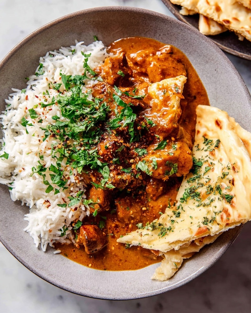This image shows a close-up of a thick curry with chunky pieces of meat immersed in a creamy, orange-brown sauce. The sauce has a smooth texture with small bits of onions or spices visible throughout. The meat pieces are tender-looking with irregular shapes, and they are coated evenly by the rich sauce. The background is blurred but shows the dark interior of a cooking pot. The overall color palette is warm, with various shades of brown, orange, and cream blending together. photo taken with an iphone --ar 4:5 --v 7