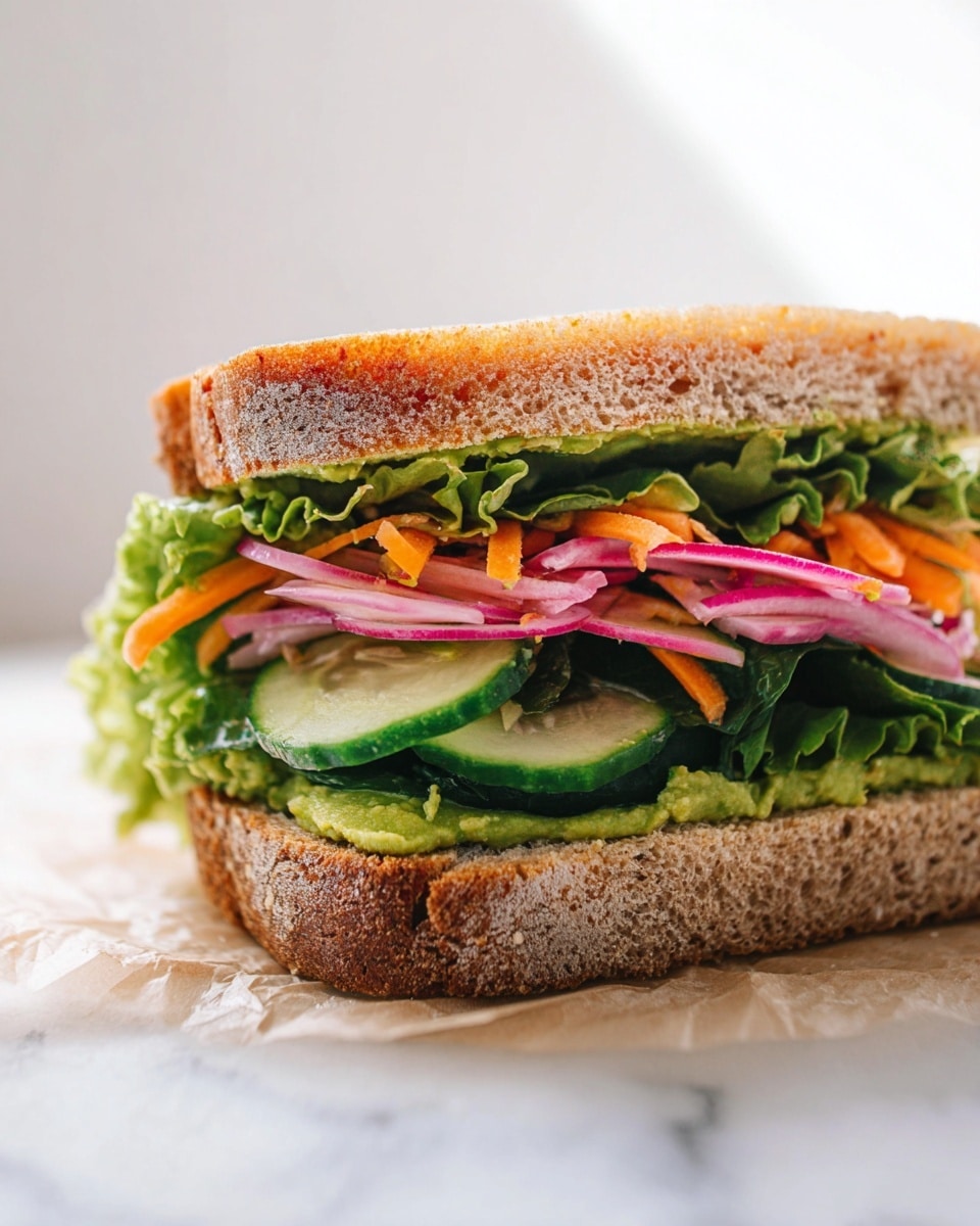 The sandwich has three main layers inside two toasted slices of bread with a light brown crust and a soft, grainy texture. The bottom layer shows a smooth spread of green hummus with slices of dark green cucumber and fresh, ruffled green lettuce leaves. Above that, there are thin rings of pink pickled onions mixed with thin orange carrot strands, adding a bright pop of color. The green hummus spread appears again on the top bread slice. The sandwich rests on a white marbled surface with soft natural light highlighting the fresh textures and colors photo taken with an iphone --ar 4:5 --v 7