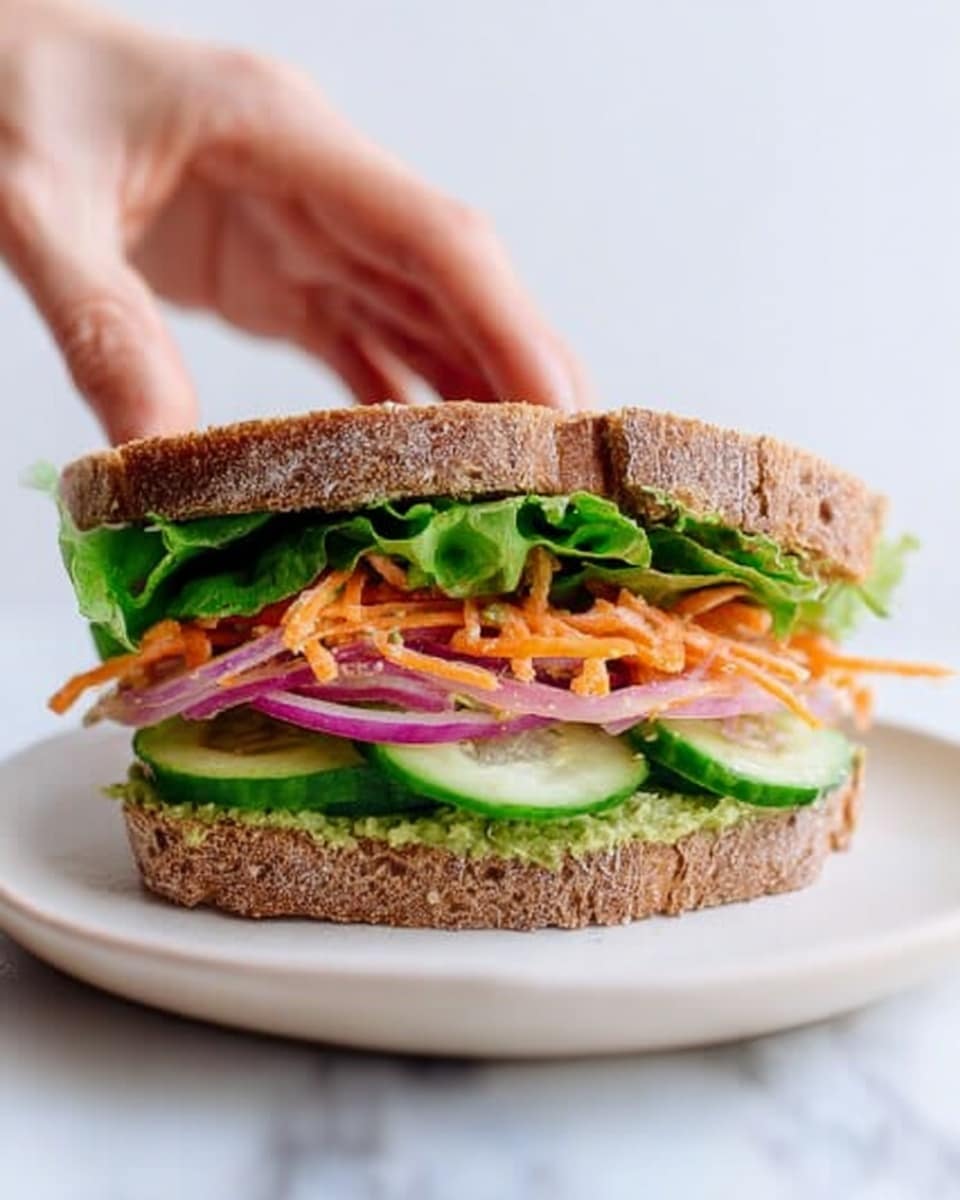The image shows a tall sandwich made with three slices of toasted brown bread, stacked to make two layers. The bottom layer has green lettuce leaves and a thick spread of green paste on the bread, with purple pickled onions and carrot strips on top. The middle slice of bread is also spread with the same green paste and layered with more green lettuce leaves, carrot strips, and pickled onions. The sandwich is placed on a white plate, and the background is a white marbled surface. The lighting is bright, highlighting the fresh texture and colors of the sandwich. photo taken with an iphone --ar 4:5 --v 7