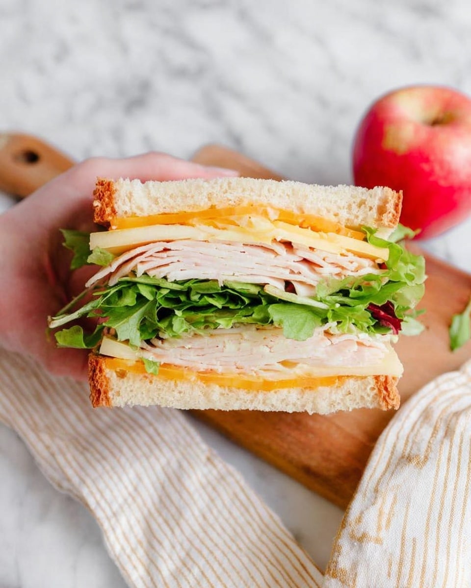A thick sandwich cut in half is stacked, showing four layers of soft, light beige bread with large air holes. Between the bread layers, there are thin slices of pale turkey, bright green leafy lettuce, and yellow cheese with a smooth texture. The sandwich rests on a wooden board with a white marbled background and red apples blurred behind it. The colors are vibrant and fresh, with the green leaves spilling slightly over the edges. photo taken with an iphone --ar 4:5 --v 7