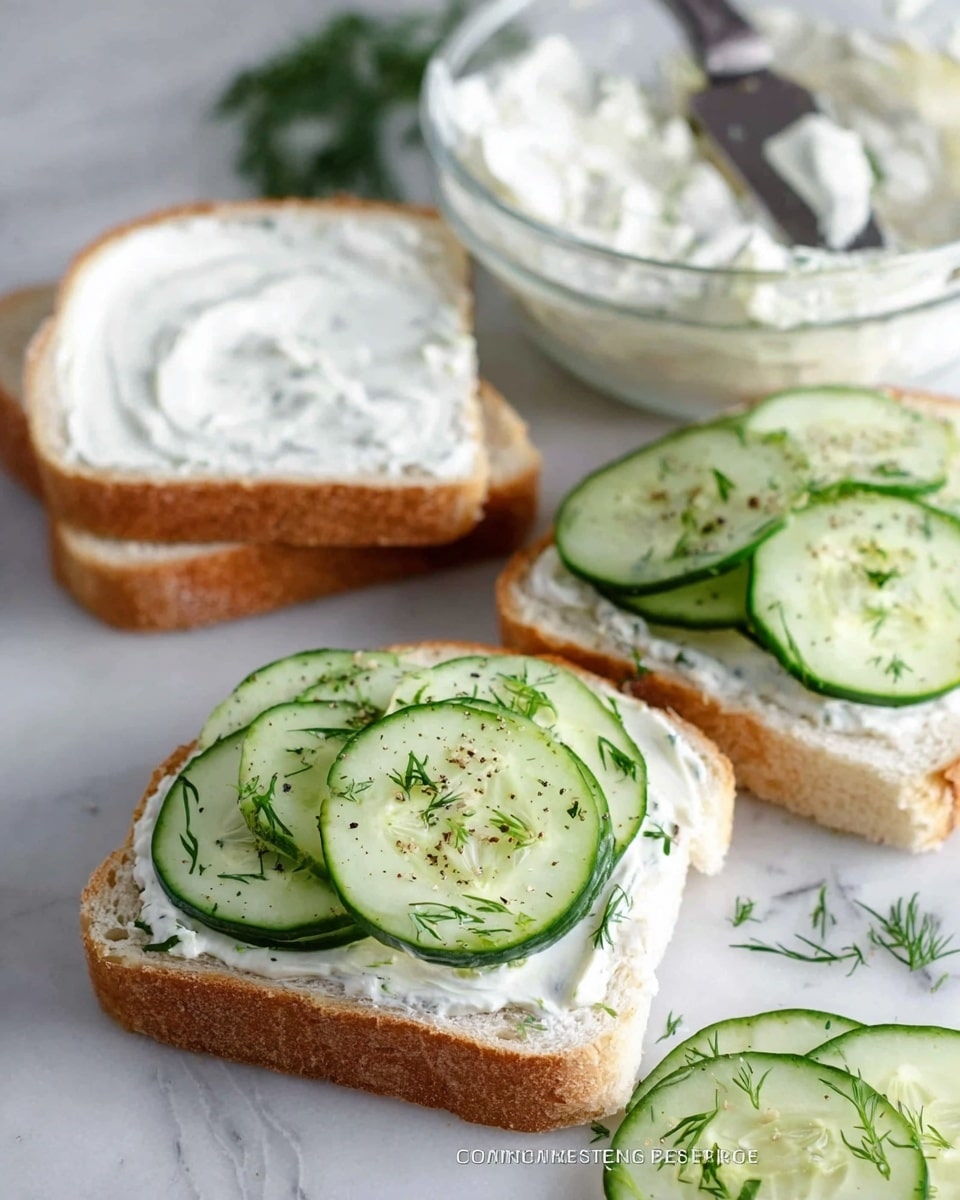 The image shows three slices of white bread on a white marbled surface, each spread with a thick layer of white cream cheese mixed with green herbs. One slice is topped with a neatly arranged layer of thin, round cucumber slices, sprinkled with small green dill pieces and black pepper for seasoning. To the side, more cucumber slices lie stacked, and a clear glass bowl filled with the cream cheese mixture is seen with a silver knife resting inside. A woman's hand is slightly visible near the bowl. Photo taken with an iphone --ar 4:5 --v 7