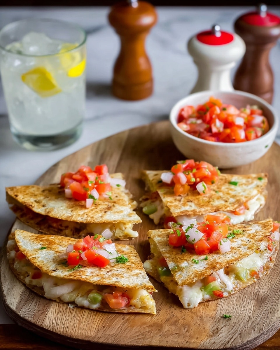 The image shows four triangular pieces of quesadilla on a wooden board. Each piece has a golden-brown, slightly crispy tortilla on the outside, with melted white cheese and small colorful pieces of red and green vegetables inside. On top of each piece, there are small piles of diced red tomatoes and white onions, adding a fresh touch. In the background, there is a small white bowl filled with diced tomatoes and onions, and behind that, two small wooden salt and pepper shakers with red and white tops. To the left, a clear glass with ice and a lemon slice sits on a white marbled surface. photo taken with an iphone --ar 4:5 --v 7