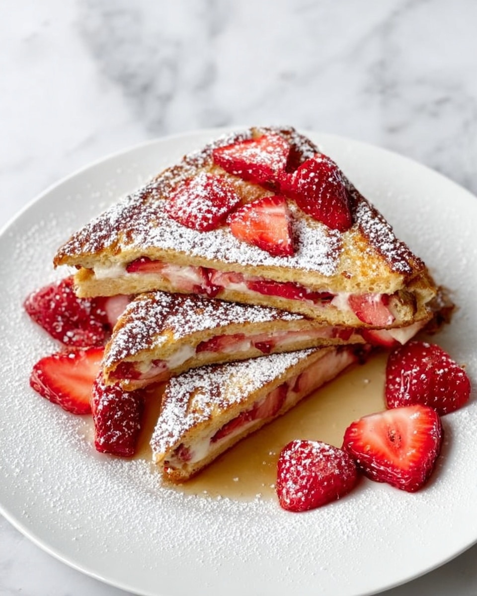 Three triangular layers of golden brown French toast stacked on a clear glass plate on a white marbled surface. The toast has a soft texture with visible bits of strawberries inside between the layers. The top layer is decorated with fresh red strawberry halves and a light dusting of white powdered sugar covering the toast and some strawberries. A drizzle of syrup pools slightly around the base of the toast. A gold fork lies near the bottom right corner on the white marbled surface. photo taken with an iphone --ar 4:5 --v 7