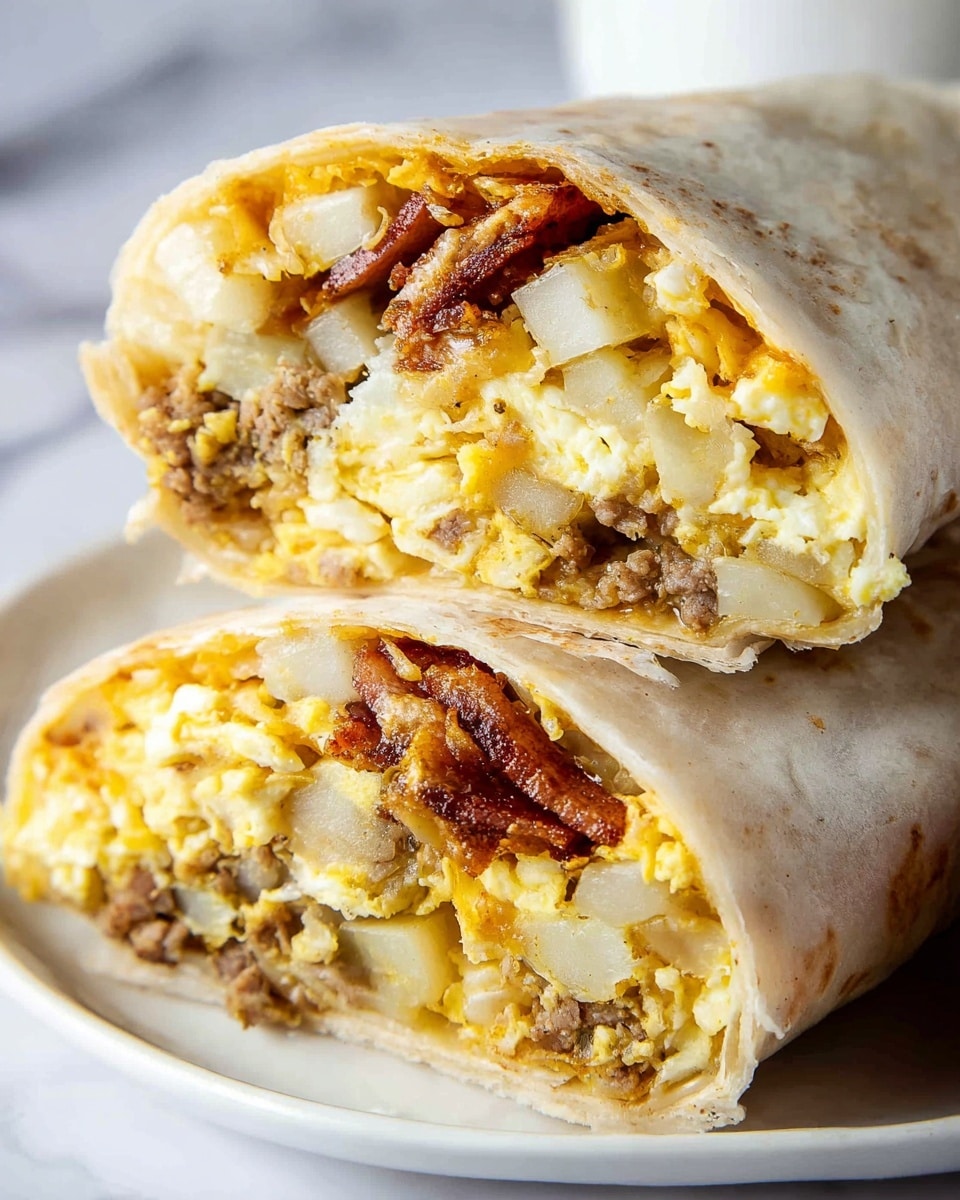 Two halves of a breakfast burrito are placed side by side on a white plate with colorful, intricate patterns of red, yellow, blue, and turquoise around the edge. The burrito is wrapped in a soft, light beige tortilla. Inside, there are several layers visible: scrambled eggs in yellow, pieces of cooked sausage or meat in brown, white chunks that look like potatoes, and bits of green herbs scattered throughout. Some small pieces of tomato or red pepper add a splash of red color inside the filling. The plate sits on a white marbled textured surface. photo taken with an iphone --ar 4:5 --v 7