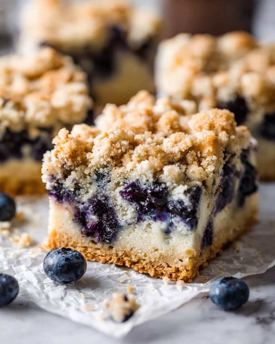 The image shows a square piece of blueberry crumb cake with three clear layers: a bottom golden-brown crust, a thick middle white cake layer filled with dark purple blueberries scattered throughout, and a top crumb layer that is golden and looks crumbly with small nut pieces mixed in. Around the main piece, there are small blueberries on a crumpled piece of parchment paper, all placed on a white marbled surface. In the background, two more pieces of the same cake are slightly out of focus, adding depth to the picture. photo taken with an iphone --ar 4:5 --v 7