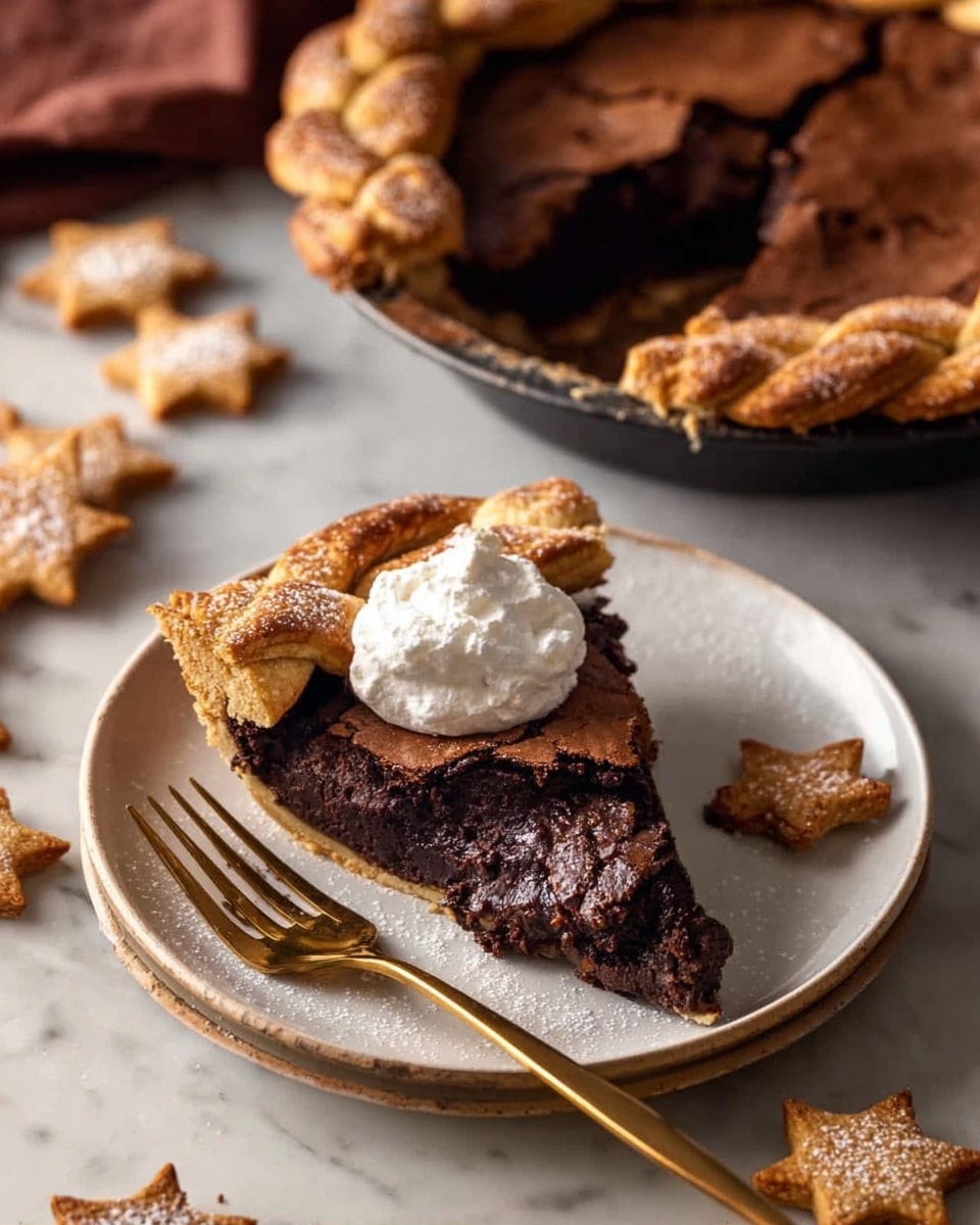 A round pie with a deep brown, slightly bumpy top layer that looks soft and baked sits on a surface with a white marbled texture. The pie’s crust is thick, braided, and golden brown, dusted lightly with sugar, circling the entire edge. Near the pie are two small star-shaped cookies in golden brown with powdered sugar on top. To the top left of the pie is a glass with dark brown liquid, and to the left are three silver forks and one silver knife resting on the white marbled surface. A dark blue cloth is partly visible to the upper right. Photo taken with an iphone --ar 4:5 --v 7