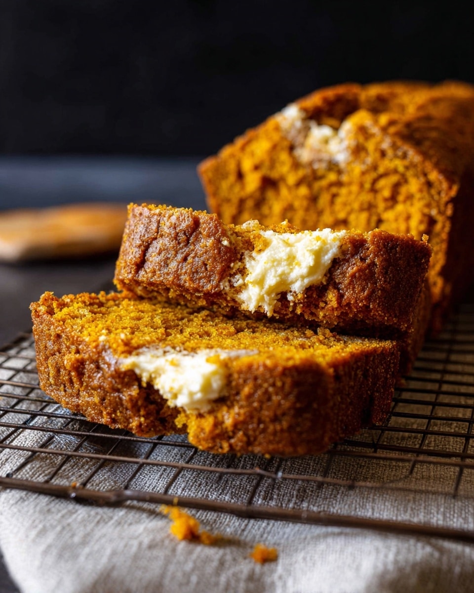 The image shows a thick slice of orange-brown pumpkin bread with a middle layer of white cream cheese filling. The pumpkin bread slice is broken in half, exposing the soft, crumbly texture of the bread and the smooth cream cheese inside. Behind the slice, there is a larger piece of the pumpkin bread loaf with a slightly darker crust on the outside. The bread rests on a cooling rack over a light gray cloth, with a dark background behind. photo taken with an iphone --ar 4:5 --v 7