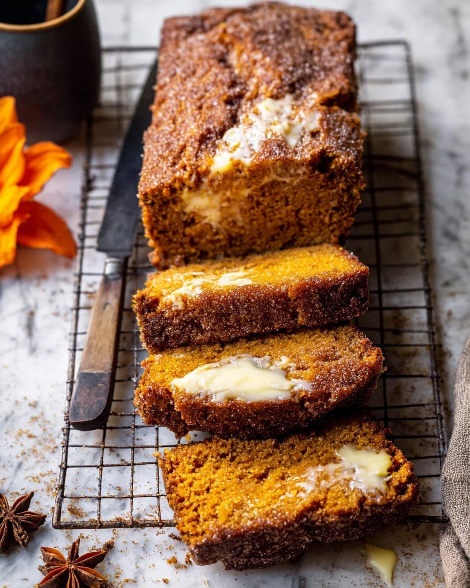 The image shows a close-up of two thick slices of pumpkin bread placed on a wire rack. Each slice has two main layers: the outer layer is a moist, crumbly orange pumpkin bread with a slightly rough texture, while the inner layer features creamy white cheese swirls that are unevenly spread in the center. The pumpkin bread has a crispier, darker brown top crust with a slightly rustic finish. The background is a white marbled surface with a rustic knife with a wooden handle lying beside the bread slices. The overall scene is cozy with warm tones, giving a homemade feel. Photo taken with an iphone --ar 4:5 --v 7