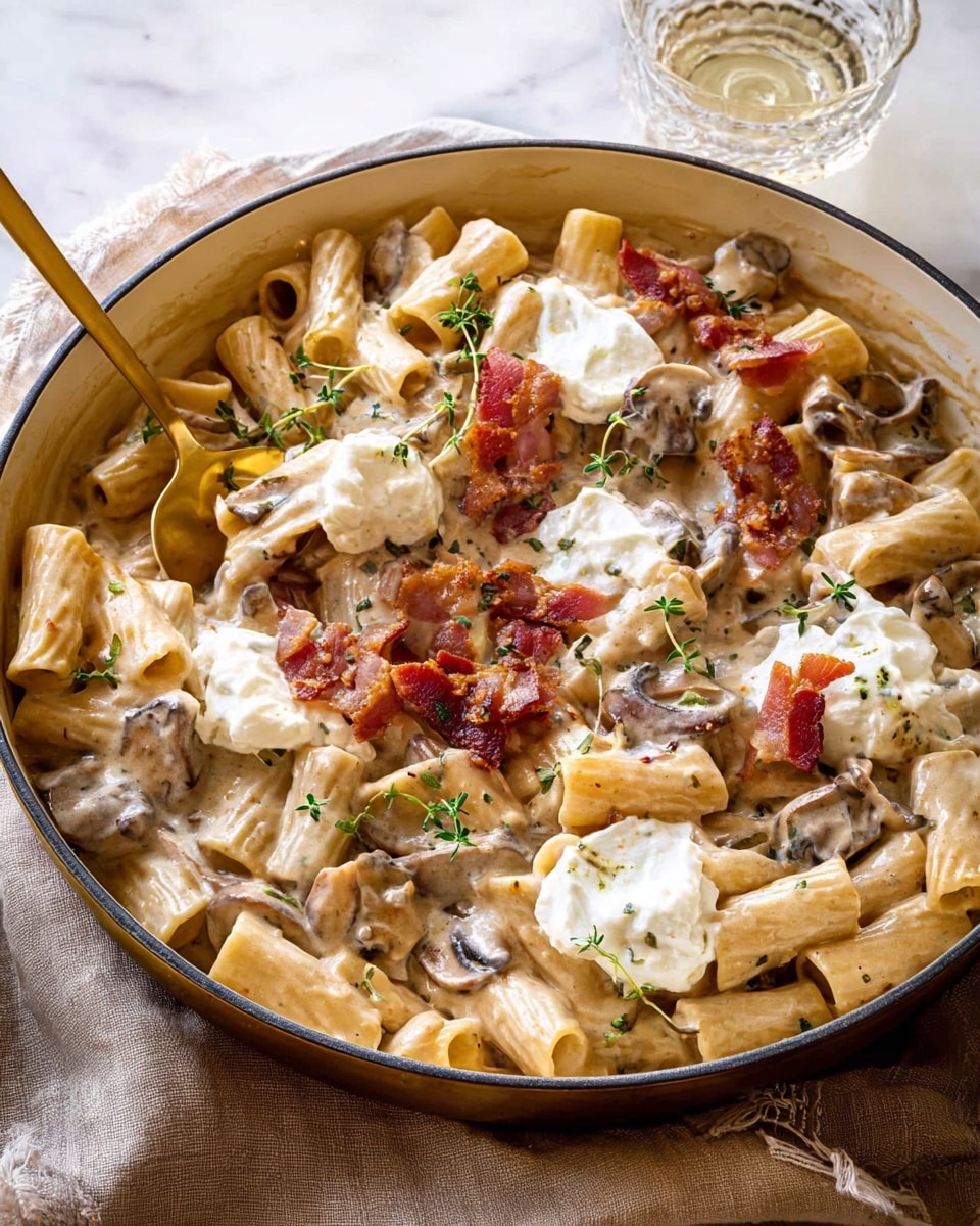 This dish shows a white pan filled with short tube pasta mixed with a creamy light beige sauce. There are soft dollops of white cream spread on top, each garnished with small dark green herb sprigs. Crispy brown bacon pieces are scattered among the pasta and cream, adding a crunchy texture contrast. The pasta and sauce look smooth and silky, while the bacon adds a rough, crunchy detail. The pan sits on a white marbled surface, enhancing the warm earth tones of the food. Photo taken with an iphone --ar 4:5 --v 7