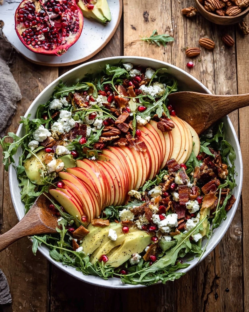 A white bowl filled with a fresh salad sits on a wooden surface. The salad has four groups of thinly sliced red and yellow apple pieces arranged in a circle around the bowl. Between the apple slices are green leafy arugula spread all over as the base. Scattered on top are small white crumbles of cheese, deep red pomegranate seeds, and roasted nuts mixed with seeds, adding texture and color. Near the bowl on the wooden surface is a white plate holding half a pomegranate with visible red seeds and a small sprig of green herbs next to it. photo taken with an iphone --ar 4:5 --v 7